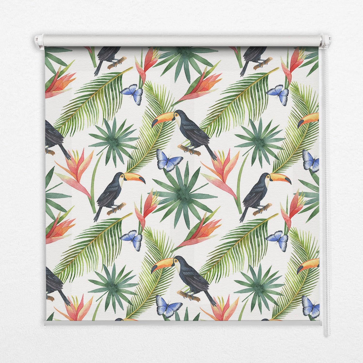 Store enrouleur toucans sur fleurs pour une déco tropicale