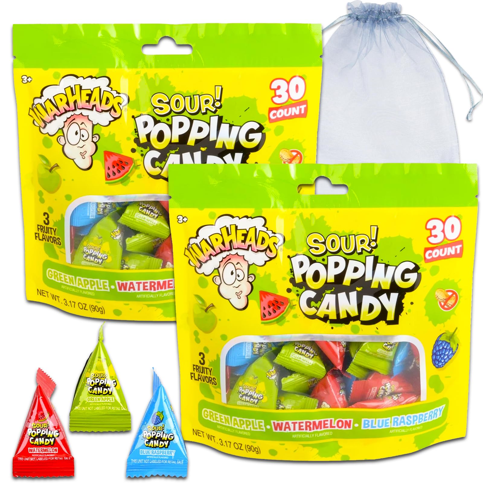 Warheads Sour Popping Candy Bulk Set - Bundle with 60 Sour Warhead Popping Candy Assorted Flavors Plus Mini Gift Bag | Bulk Warheads Sour Popping Candy