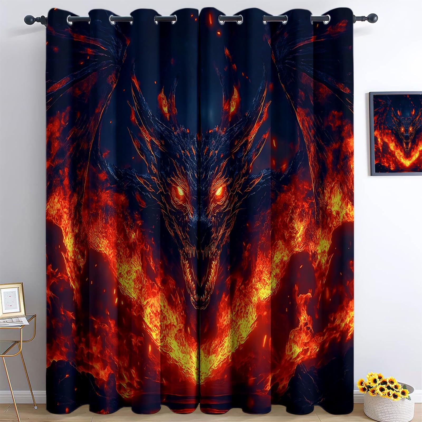 Rideau occultant thermique dragons rouge 117x229 cm pour isoler le salon