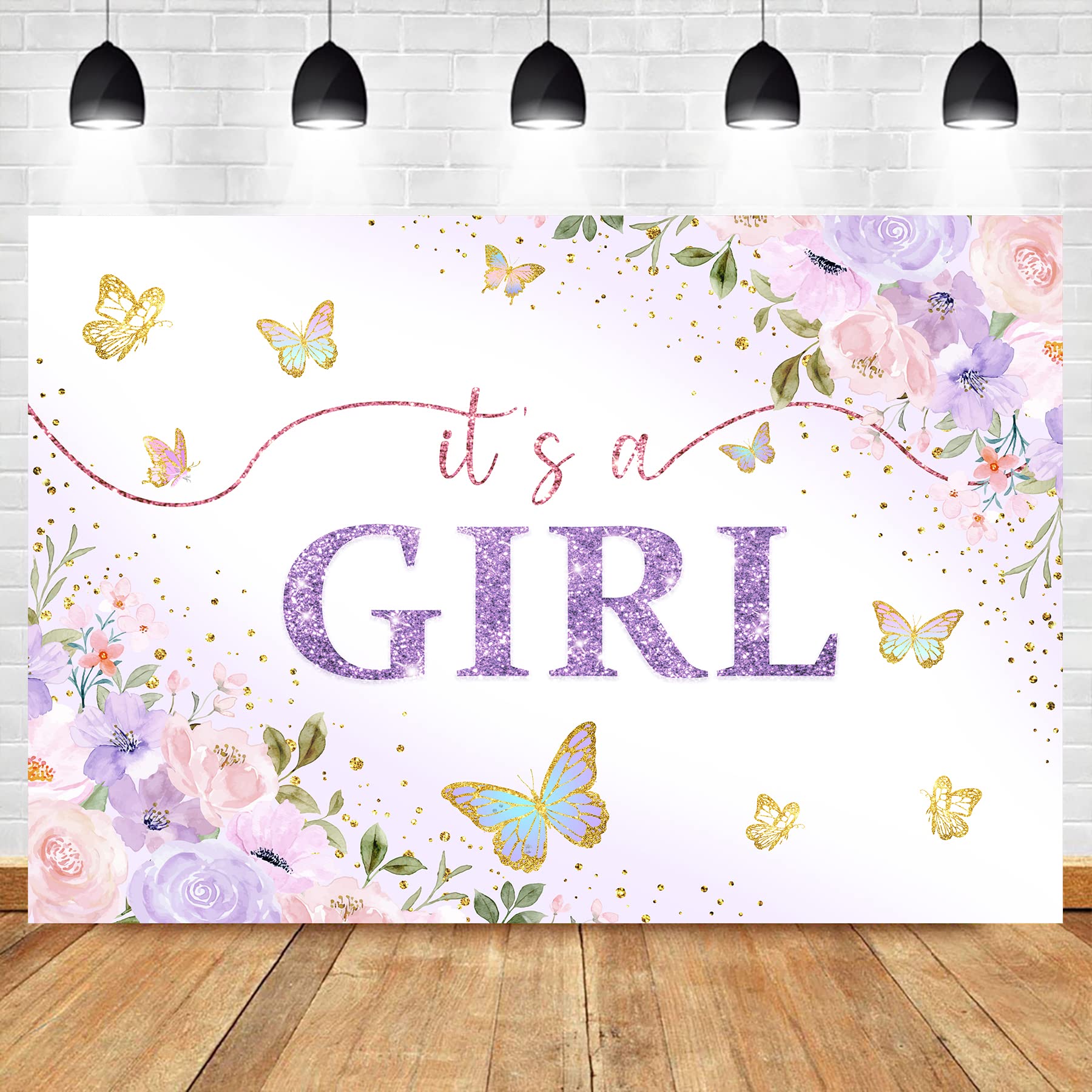 HomewelleFloral Butterfly Baby Shower Backdrop 7Wx5H Feet Polyester Fabric Purple Pink Peach Pastel Flowers Blossom Decoration Girls Birthday Lovely Photography Background Photo Shoot Props