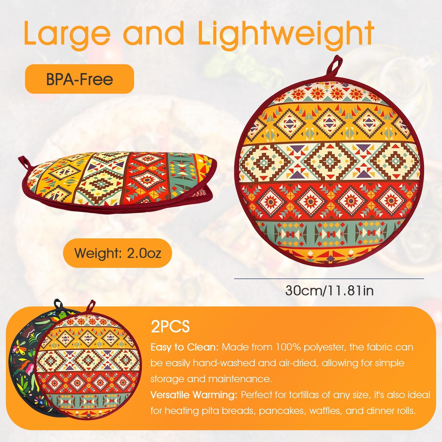 2 Pack 12 Inch Large Tortilla Warmers | Orange/Black Insulated Microwaveable Fabric Pouch | Keeps Tacos, Naan, Pizza & Flour Tortillas Warm for Hours | Ideal for Family Feasts & Gatherings - Image 2