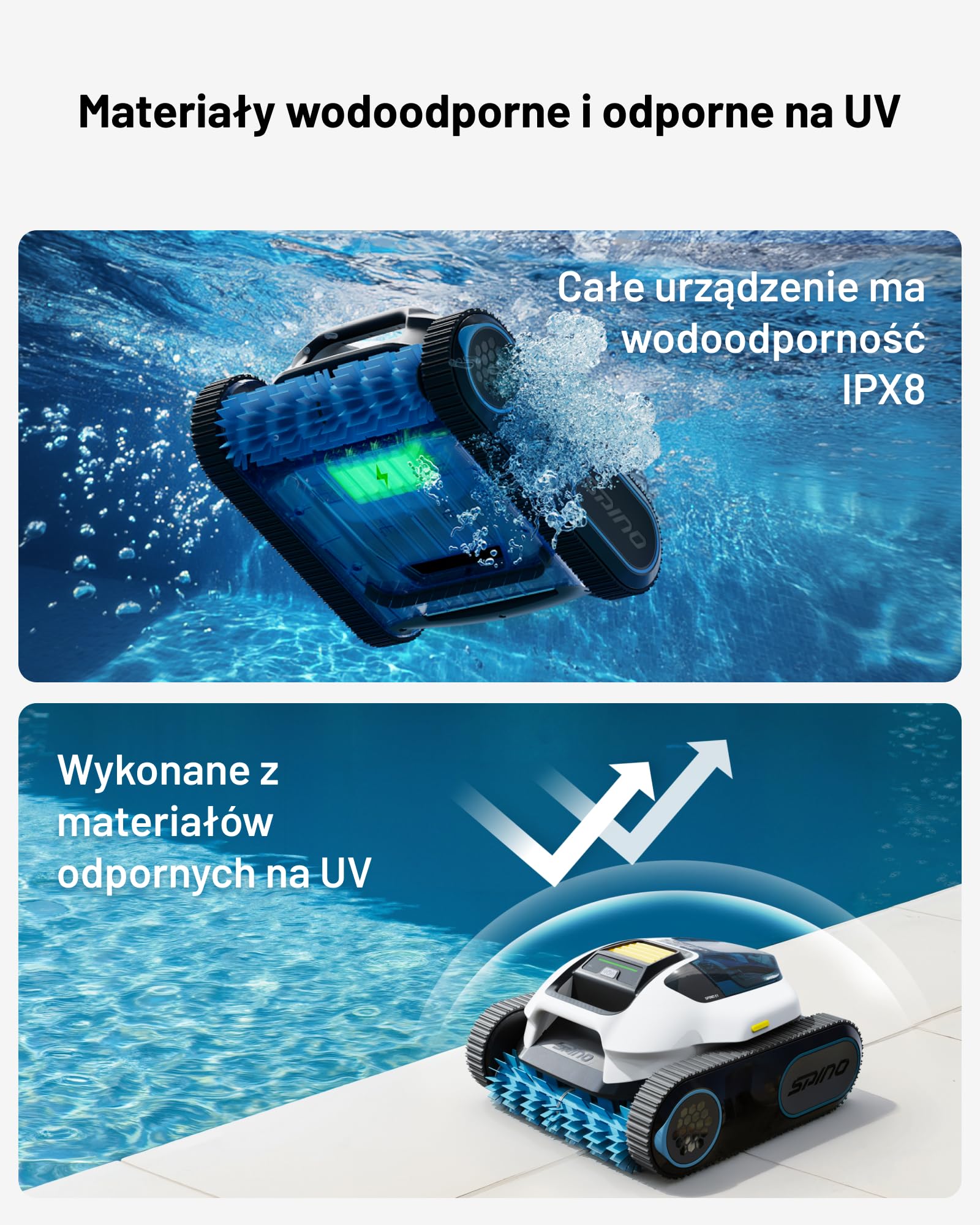 Bezprzewodowy robot basenowy SPINO E1, czas pracy 210 minut, wydajność 21950 l/h, 5 trybów pracy robota basenowego, czyszczenie ścian i linii wodnej, sterowanie aplikacją, ścieżka SmartArc