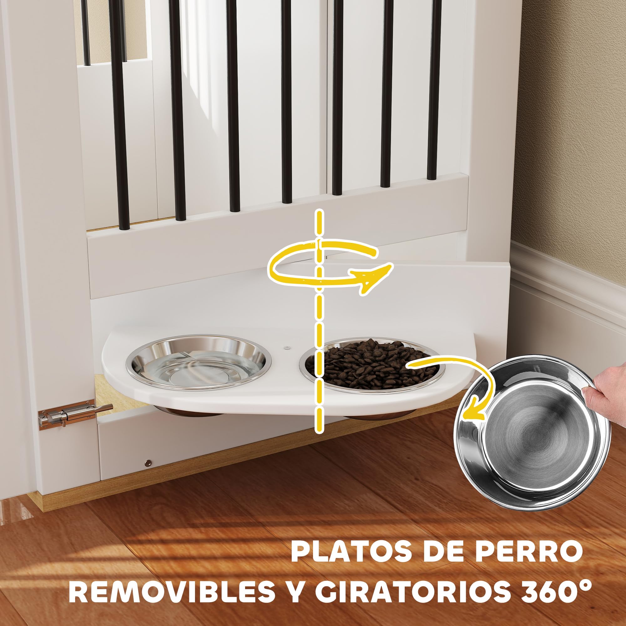 PawHut Jaula para Perros Medianos 2 en 1 Mesa Auxiliar con 2 Puertas con Pestillo Comedero Giratorio de 360° 2 Cuencos y Almohadillas Antideslizantes 80x55x71,5 cm Blanco