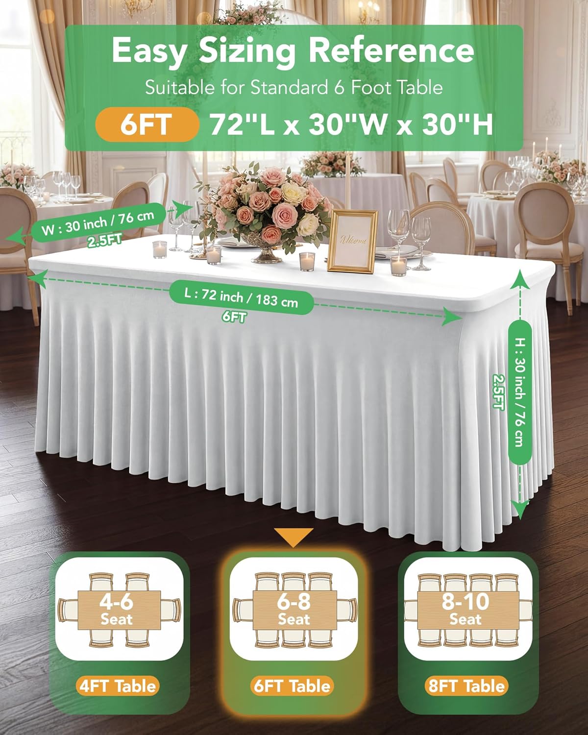 4 Pack Spandex Table Cover Skirts for 6ft Rectangle Tables, White Stretch Table Cloths with Floor-Length Ruffle, Elastic Fitted Skirted Tablecloth for Elegant Wedding Banquet Party Buffet Decoration - Image 4