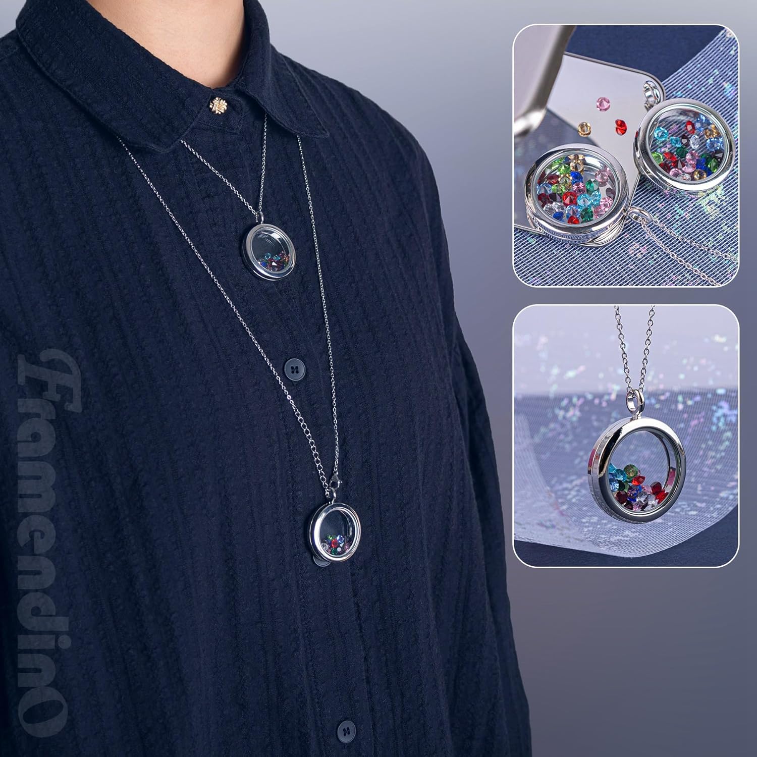 Framendino, 6 Pack Floating Locket Necklace Charms Memory DIY Round Pendant with Birthstones - Image 6