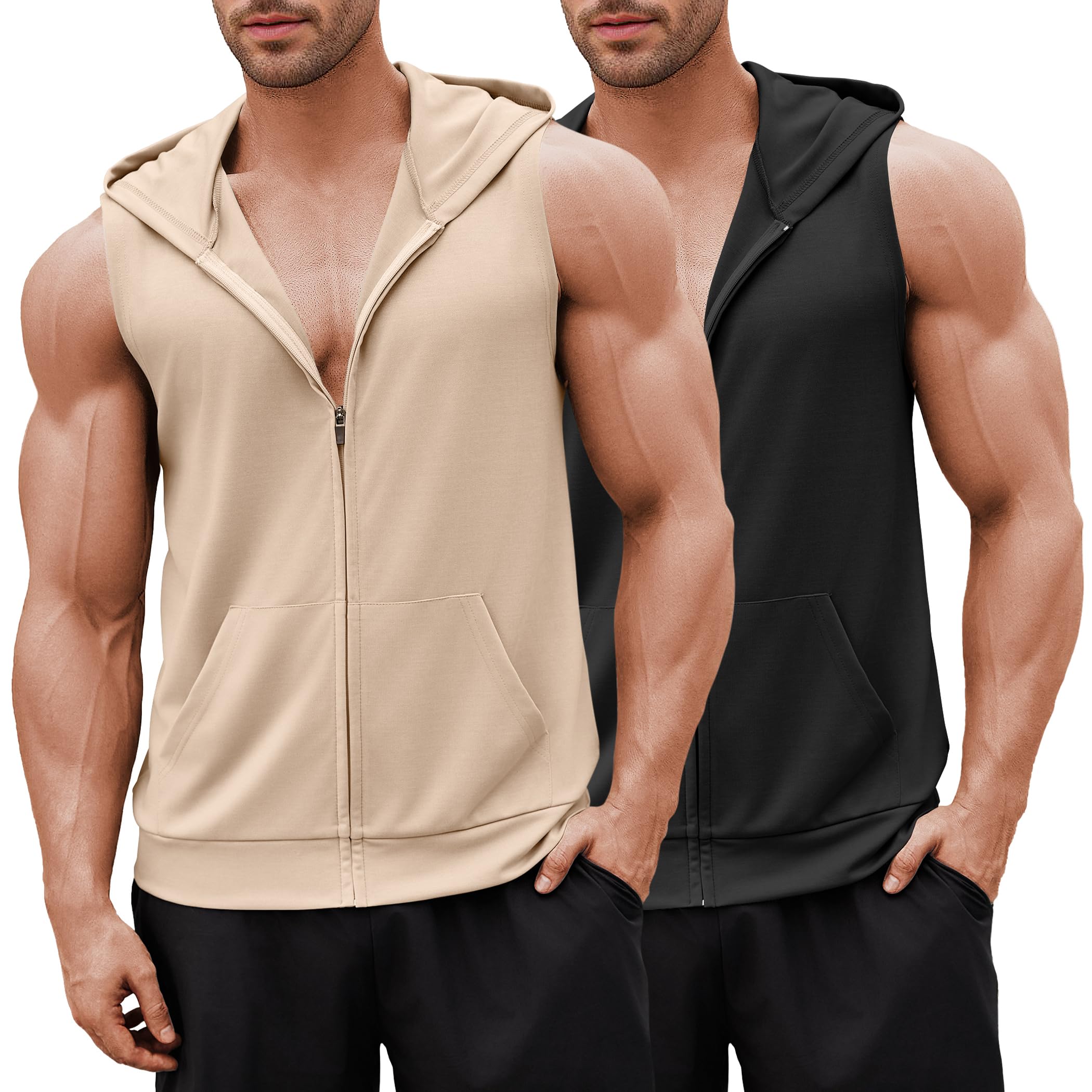 COOFANDY Herren Workout-Kapuzen-Tank-Top, 2er-Pack, mit Reißverschluss, ärmellos, Fitness-Shirts, Muskel-Cut-Off-T-Shirt, Bodybuilding-Kapuzenpullover