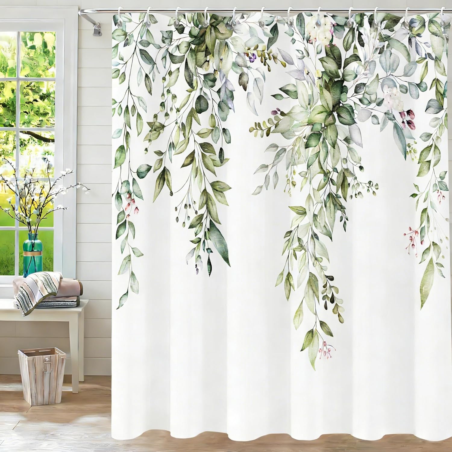Extra Long Shower Curtain Sage Green Eucalyptus Shower Curtains for Bathroom Watercolor Green Plant Floral Bathroom Curtains Sage Green Leaf Shower Curtain Sets 72x84 in with Hooks