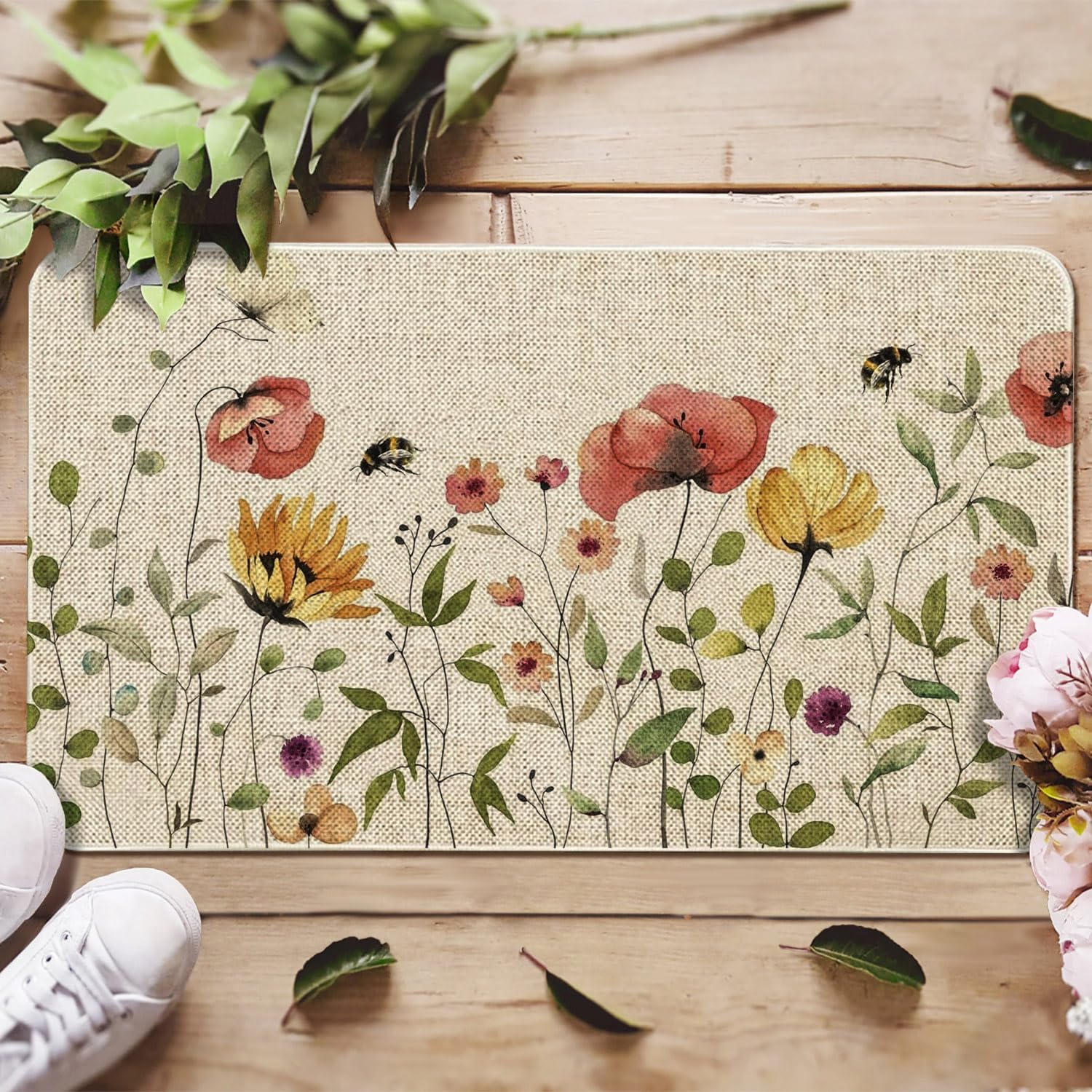 Mloabuc Spring Flower Decorative Door Mat, Seasonal Spring Summer Holiday Low-Profile Floor Mat Switch Mat for Indoor Outdoor Doormat 17 x 29 Inch
