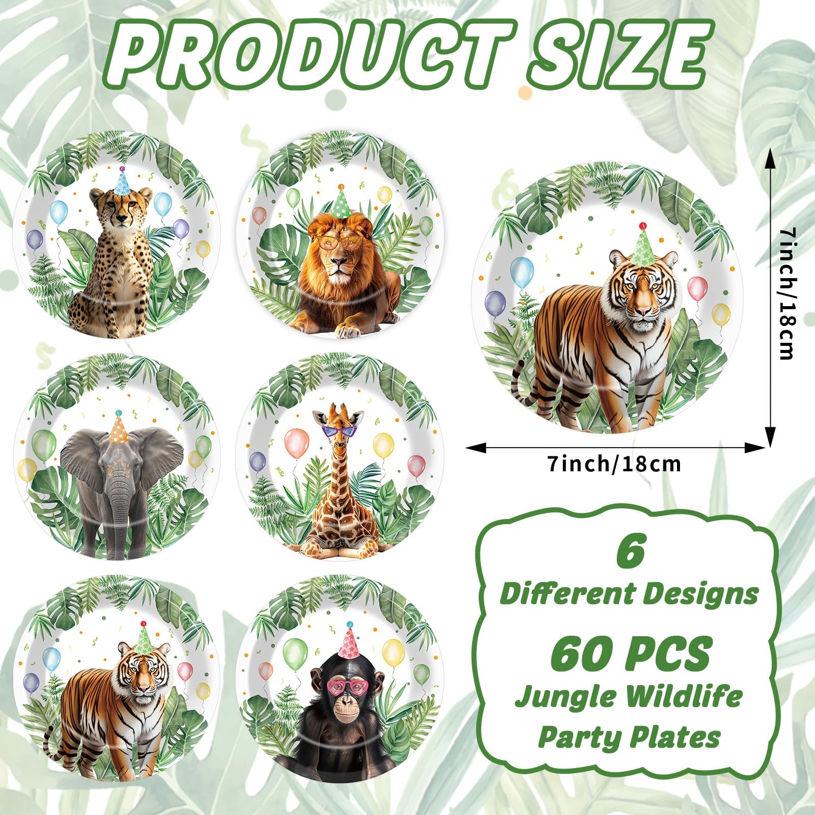 ZOIIWA Juego de 60 platos de fiesta de safari de la selva de 7 pulgadas, diseño de animales salvajes, vajilla de papel de cumpleaños, decoraciones temáticas de animales de safari para niños y niñas