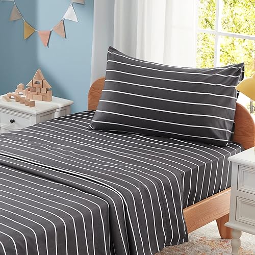 Miniatura 4 de Homiest Juego de sábanas de microfibra de 4 piezas en blanco y negro, tamaño matrimonial, sábanas de rayas horizontales, lindo juego de ropa de cama