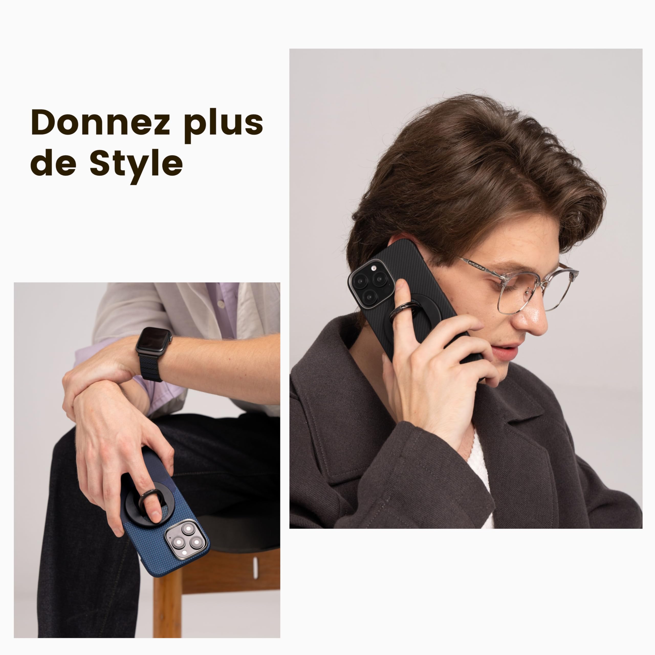 pitaka Poignée Magnétique Support pour Anneau de Téléphone avec Double Anneau Porte Doigt Réglable en Fibre Aramide pour iPhone 16/15/14/13 Noir/Gris