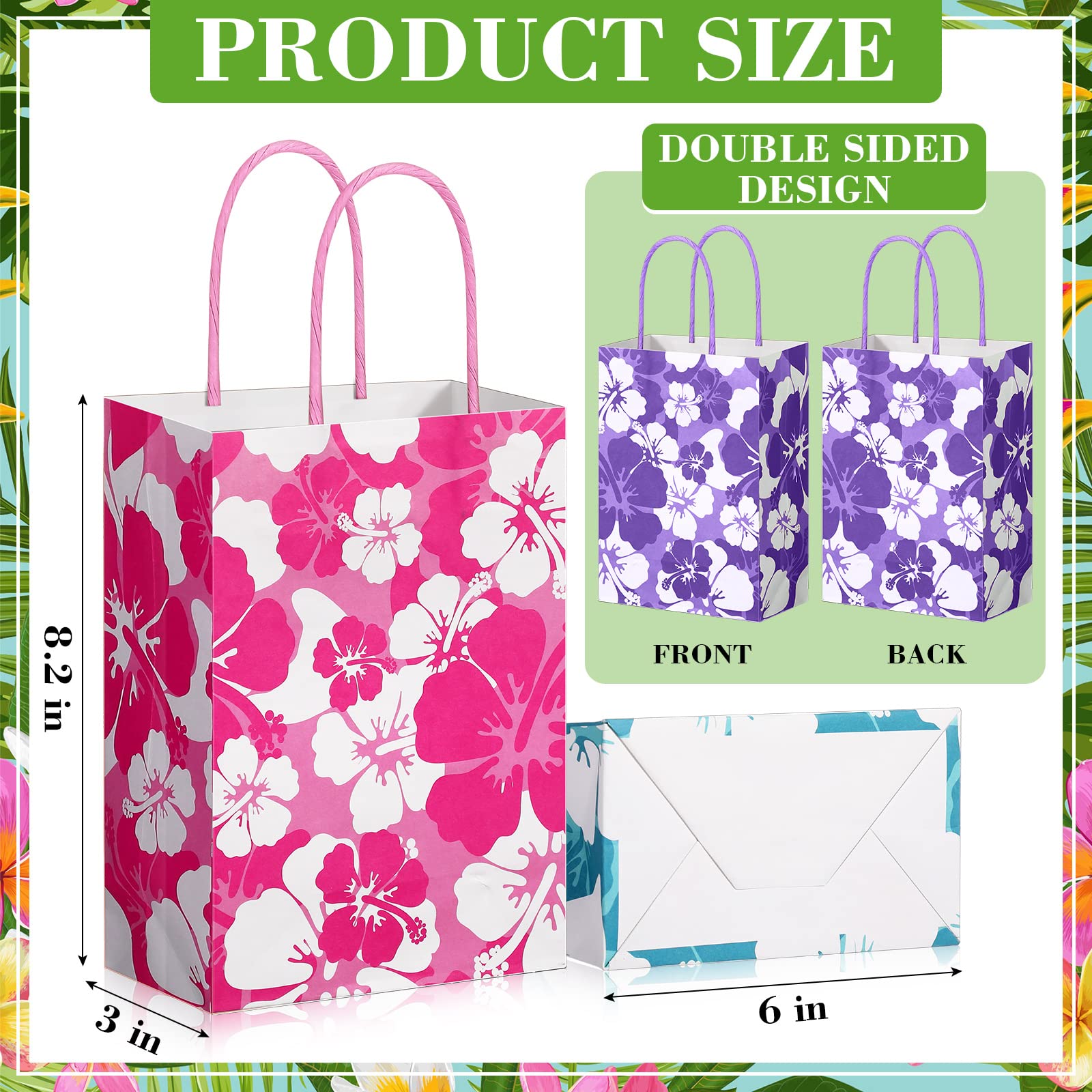 Teling 24 Pcs Hibiscus Party Favor Hawaiian Themed Paper Bags with Handles Summer Tropical Gift Tiki Luau Treat Hawaii Goodie Bags Kids Birthday Party Supplies Multicolor 8.3 x 6 x 3