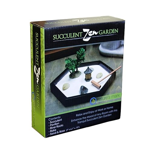 Miniatura 5 de Nature's Mark Mini kit de jardín Zen para escritorio con rastrillo, arena blanca, figura de pagoda en miniatura, base hexagonal negra, rocas de río,