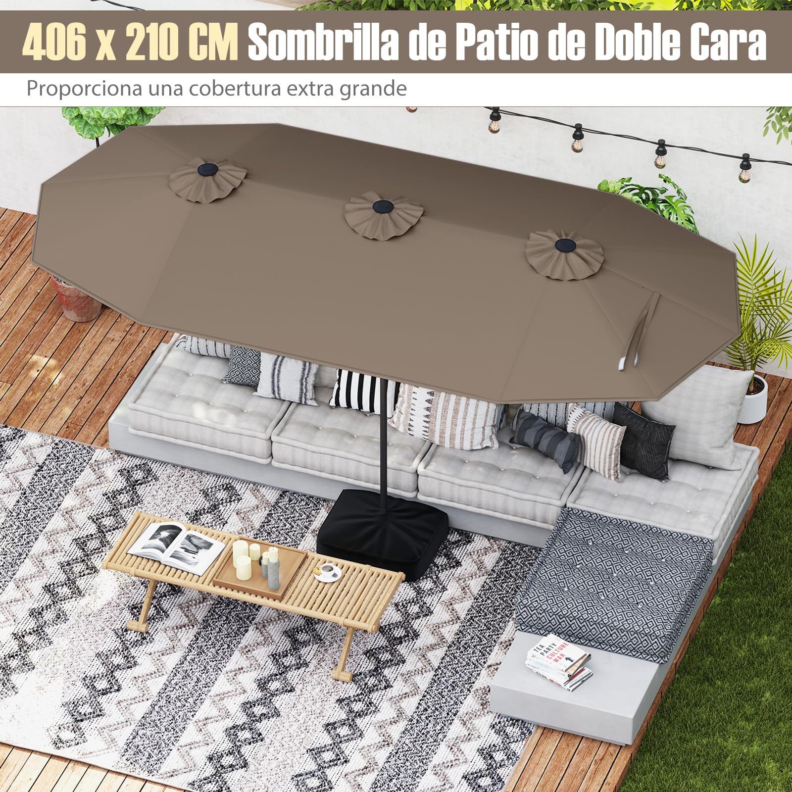 RELAX4LIFE Sombrilla Doble 400 x 210 cm con Base, Manivela, 12 Costillas y 2 Sacos de Arena de Carga 30kg, Sombrilla Terraza Exterior con Protección UV para Jardín, Terraza y Mercado