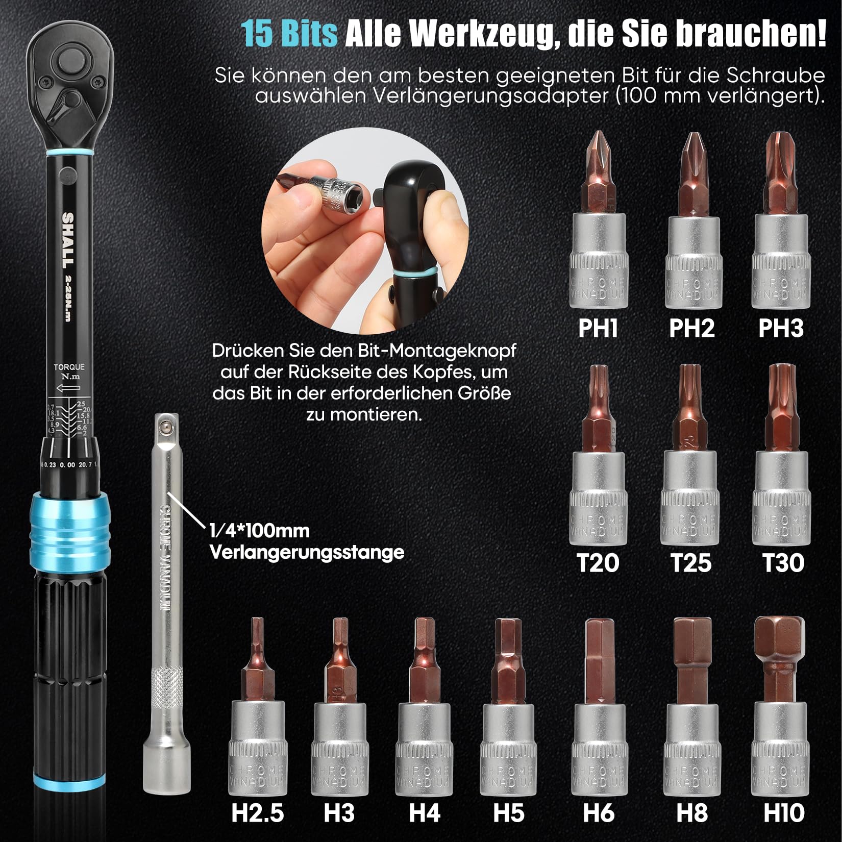 Set chiavi dinamometriche 15 pezzi 1/4" 2-25 Nm regolabile 72 denti per bici e moto
