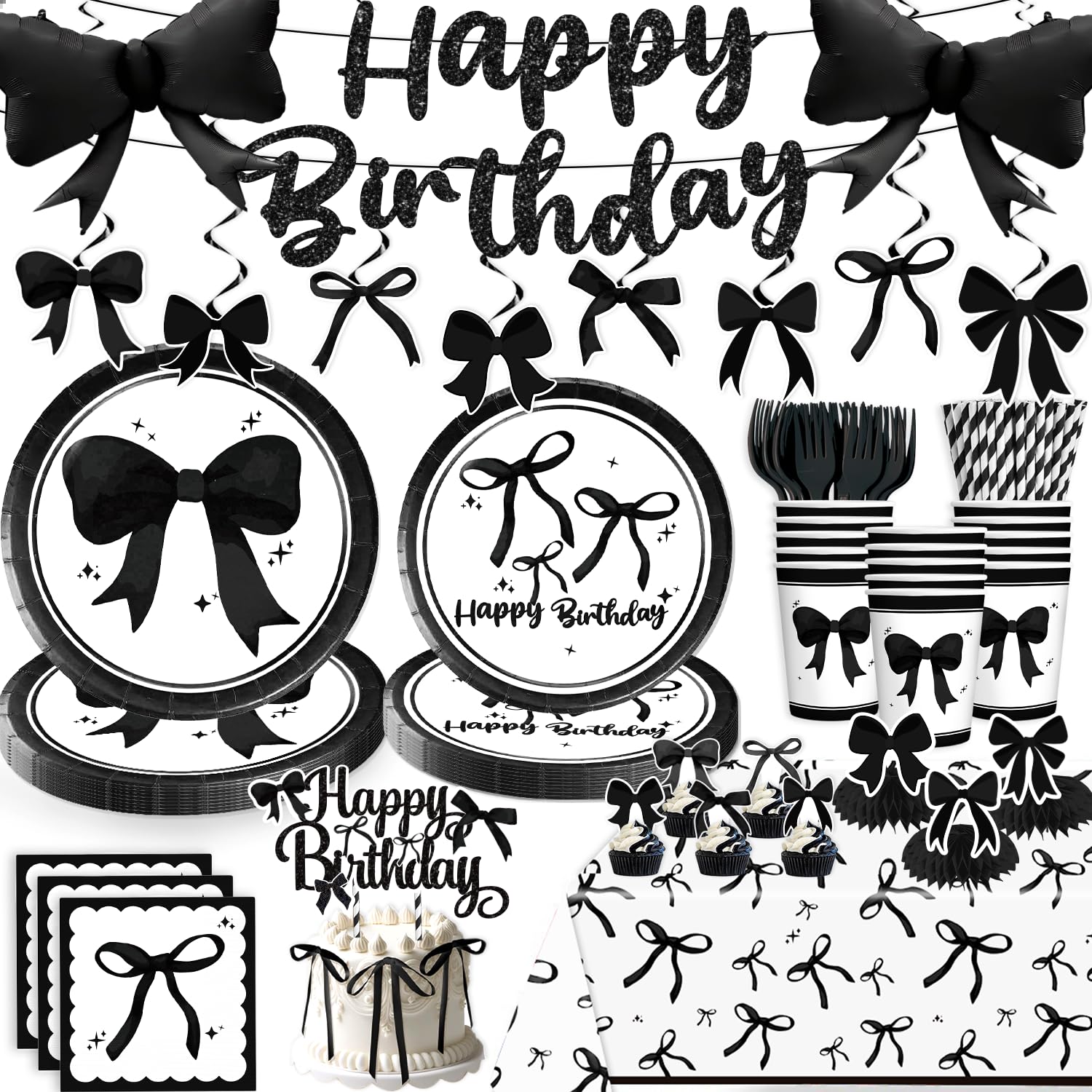 Black Bow Birthday Decorations, Bow Birthday Foil Balloons Paper Plates and Napkins, 2 Pcs Waterproof Tablecloth for Coquette Black and White Party Decor