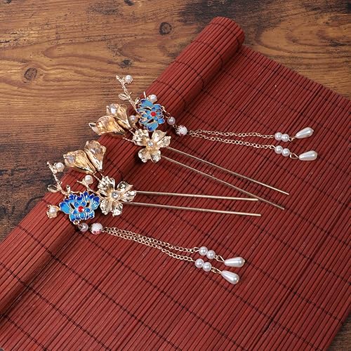 Miniatura 7 de Lurrose 1 par de palillos de pelo vintage chinos japoneses palillos de perlas con borla larga accesorios tradicionales para el cabello para mujeres