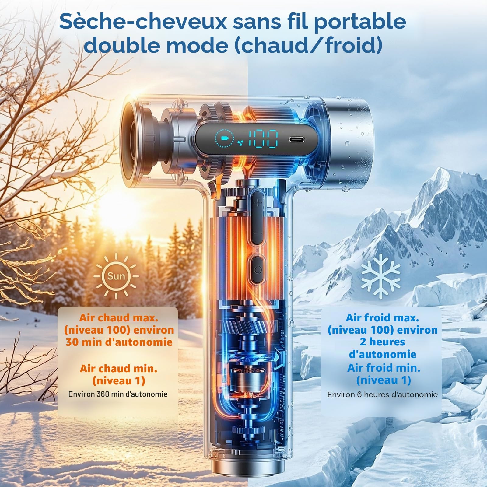 Sèche-cheveux sans fil 27000mAh, 100 vitesses, Moteur 100 000 tr/min, Autonomie géante, Charge rapide USB-C 18W, Voyage Camping Maison
