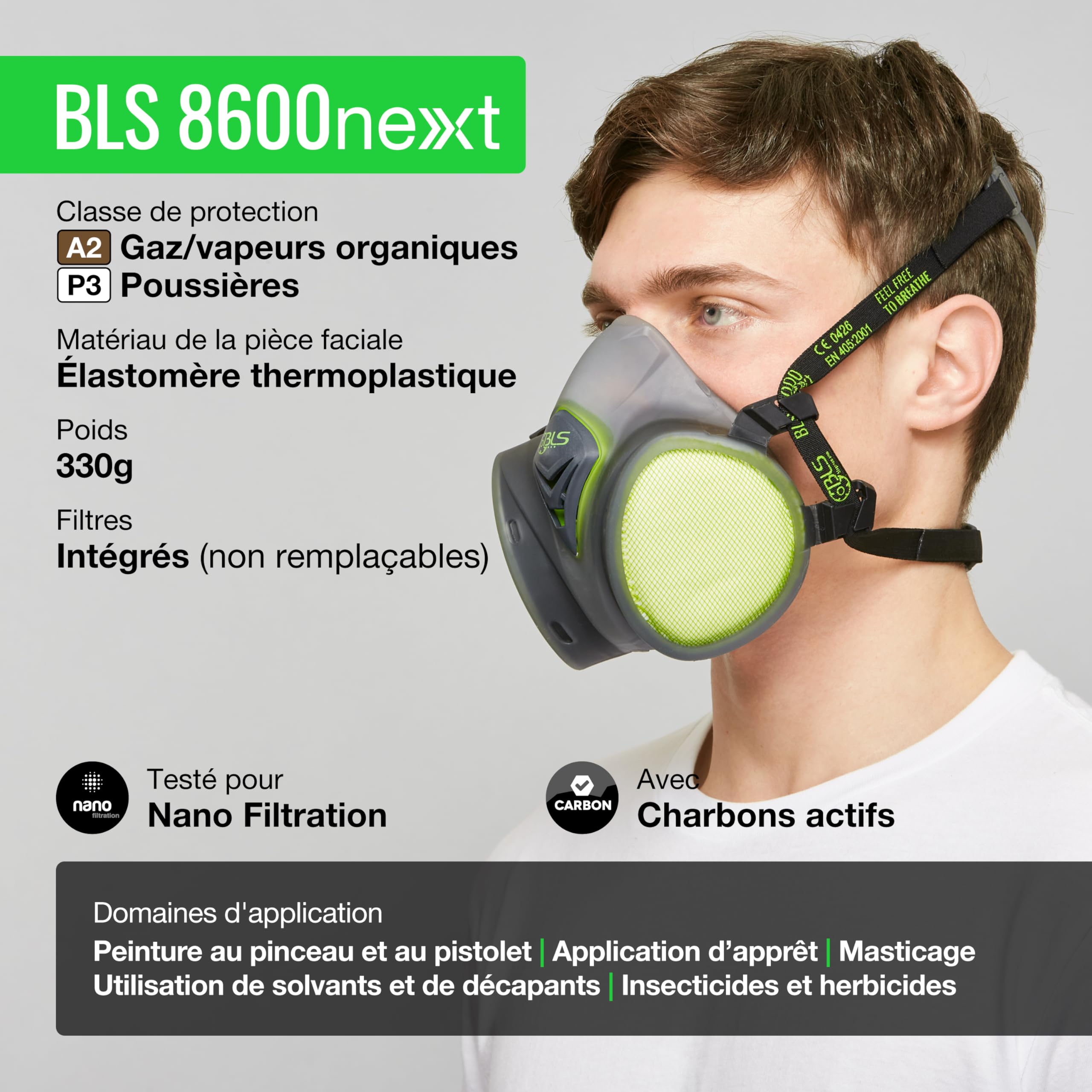BLS 8600next A2P3 R D Demi-masque de Protection en TPE avec Filtres A2P3 Intégrés, Prêt à l'Emploi et Sans Entretien. Pour Gaz/Vapeurs, Poussières, Mauvaises Odeurs, peinture, Masticage et Solvants