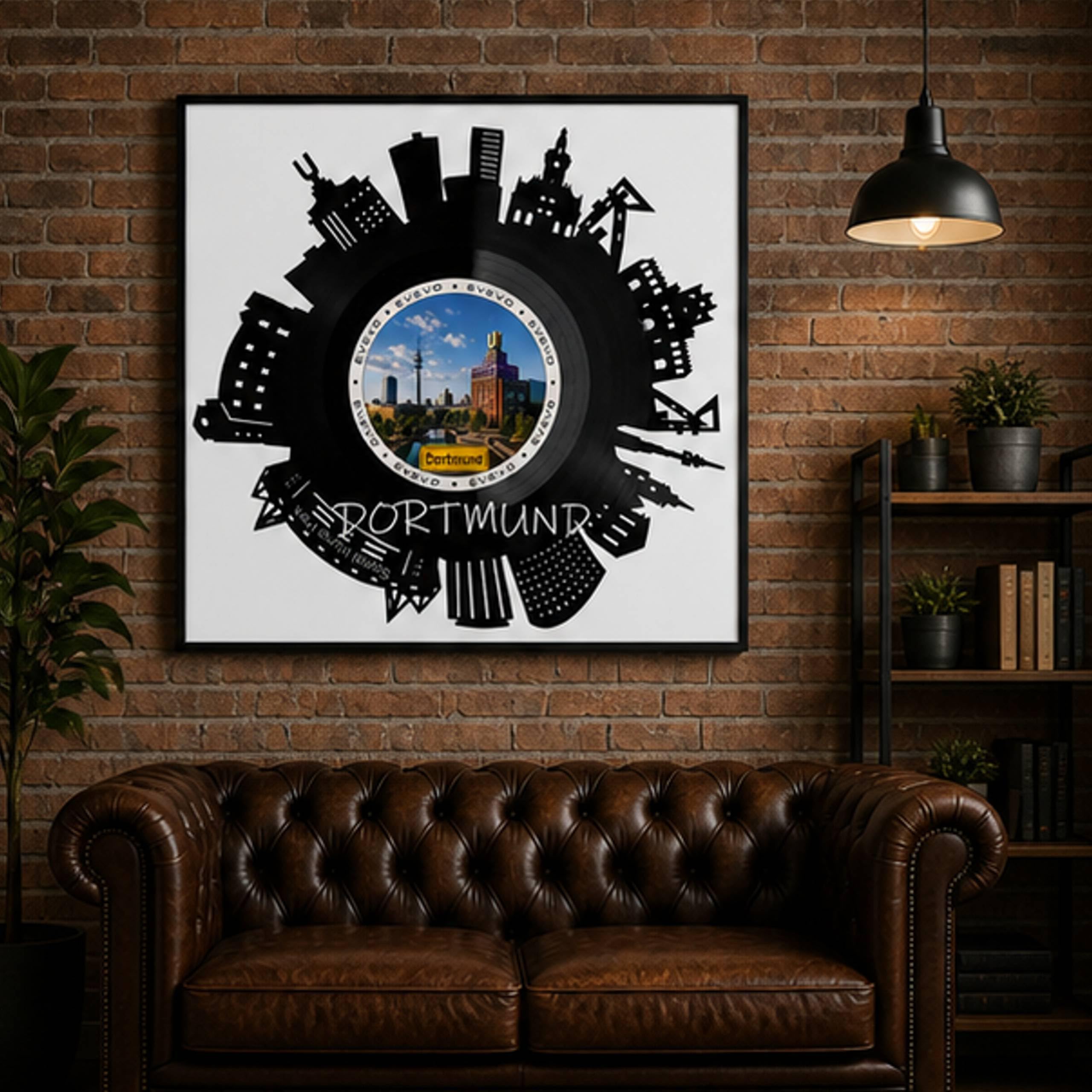 EVEVO Decorazione da parete in vinile con cornice, 32 x 32 cm, Dortmund – Decorazione da parete in vinile, motivo: Metropoli Ruhr Skyline di Dortmund, regalo per gli amanti del design