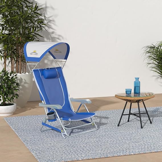 GCI Outdoor Sunshade Backpack Beach Chair | Reclining Folding Canopy Chair with Durable Armrests, Drink Holder & Carry Straps, Perfect for Beach Trips & Picnics Saybrook Blue