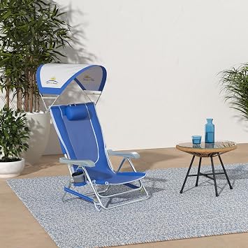GCI Outdoor Sunshade Backpack Beach Chair | Reclining Folding Canopy Chair with Durable Armrests, Drink Holder & Carry Straps, Perfect for Beach Trips & Picnics Saybrook Blue