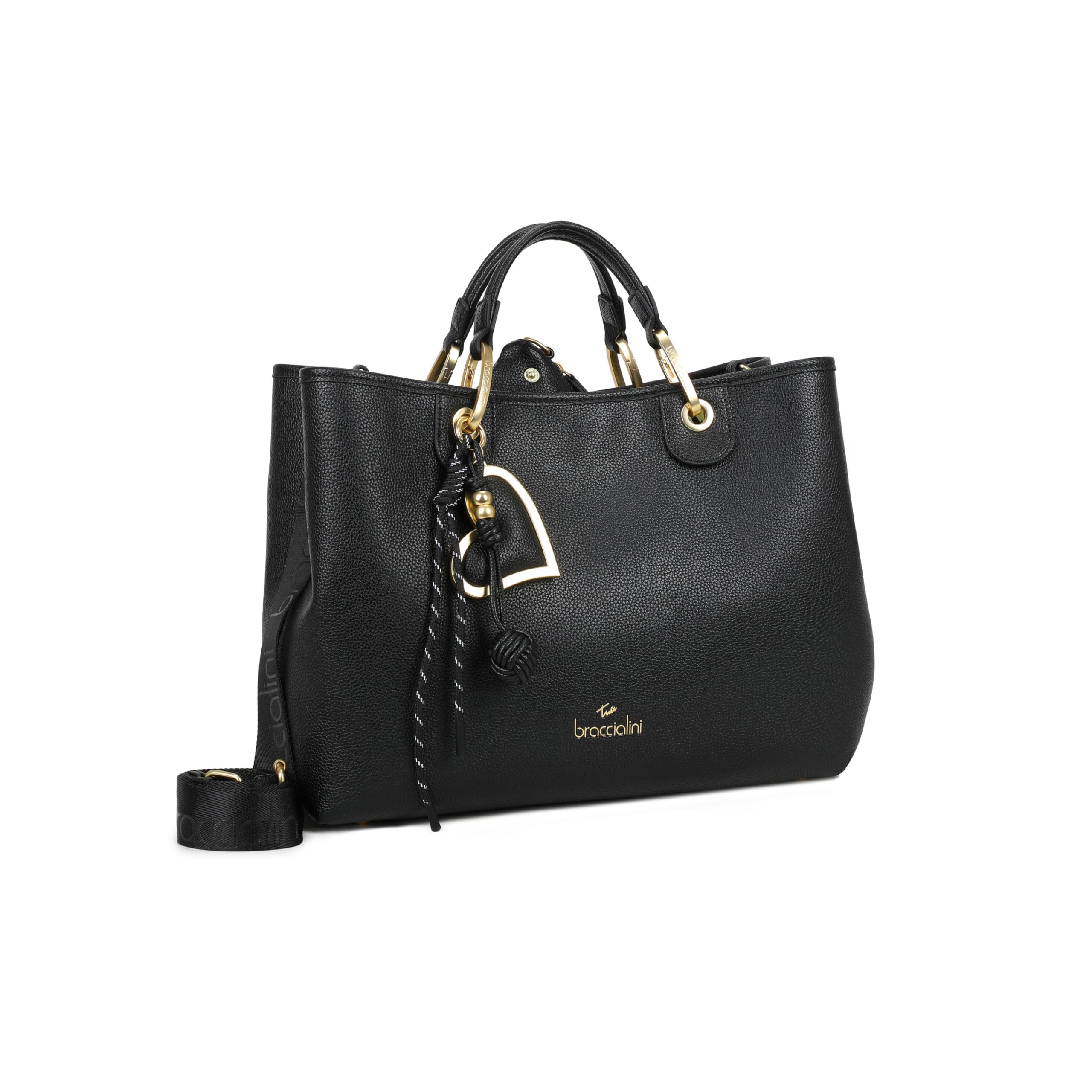 Braccialini Beth - Bolso de mano grande de piel sintética con asas dobles y correa de hombro ajustable extraíble con logo, doble portabilidad para uso diario