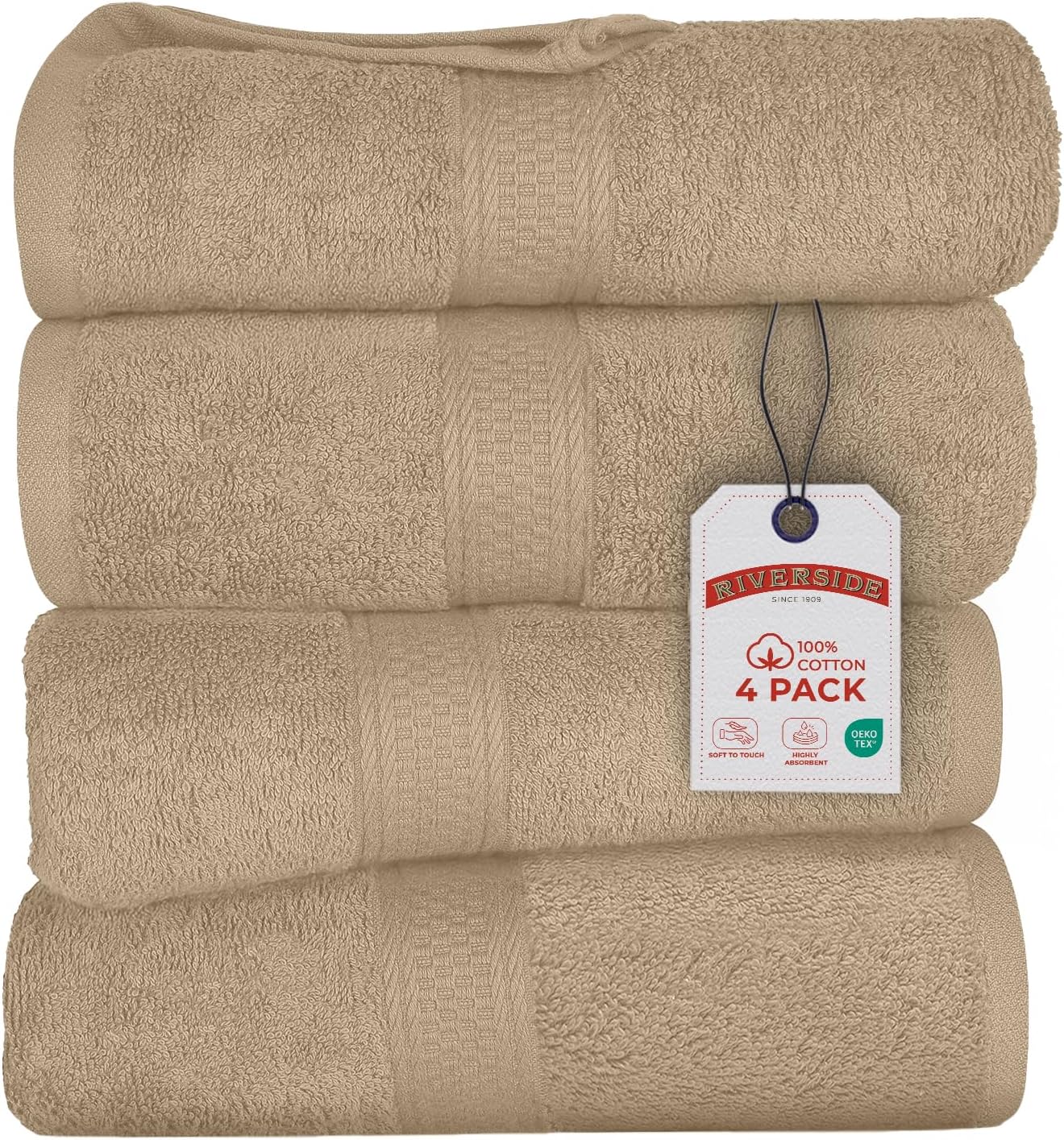 RIVERSIDE 100% Ring Spun Cotton Large Bath Towels Set of 4, 27 x 54 Inches – Quick Dry, Soft & Highly Absorbent Towels for Shower & Bathroom – Luxury 600 GSM Towels for Home, Spa, Gym, Hotel, Tan