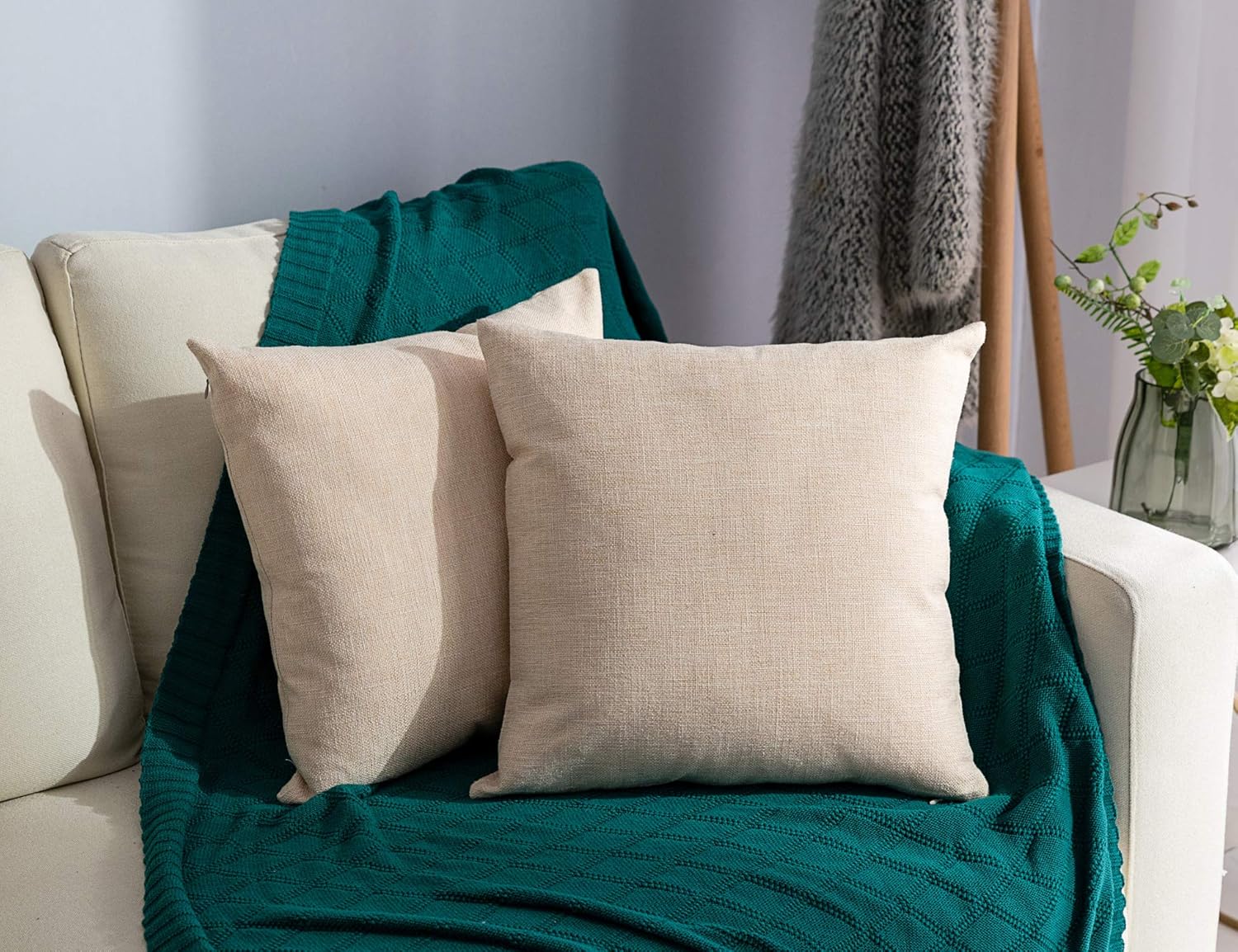 Stellhome Linen Throw Pillow Covers Square Solid Burlap Cushion Covers for Bed Couch Sofa Bench, 24 x 24 inch (60 x 60 cm), Beige, Set of 2