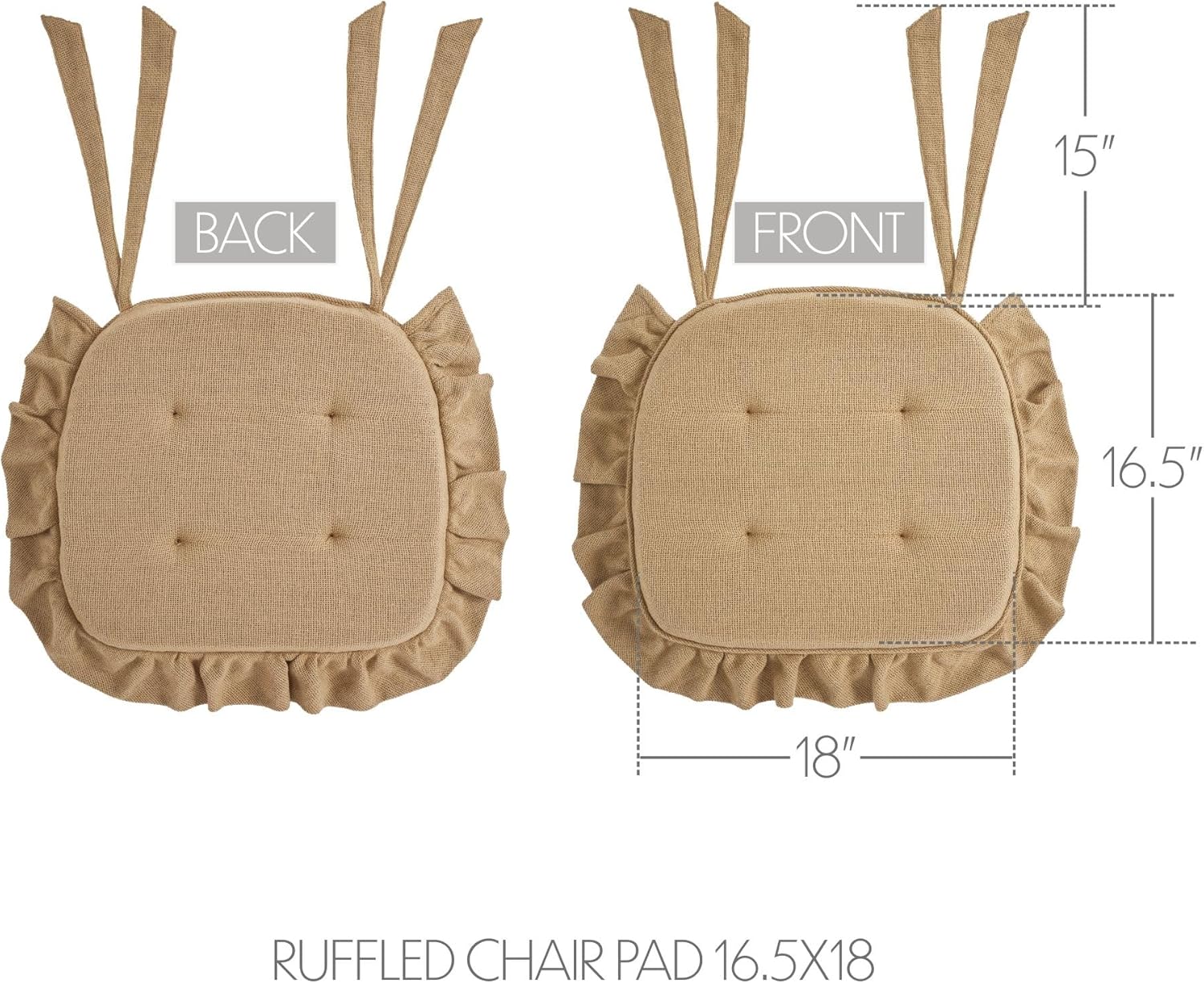 VHC Brands Chair Pad 16.5x18, Cotton Dining Room, Kitchen Chair Pads, Seat Cushion with Ties, Tucked, Burlap Natural Collection, Rectangle 16.5x18, Natural, Set of 4