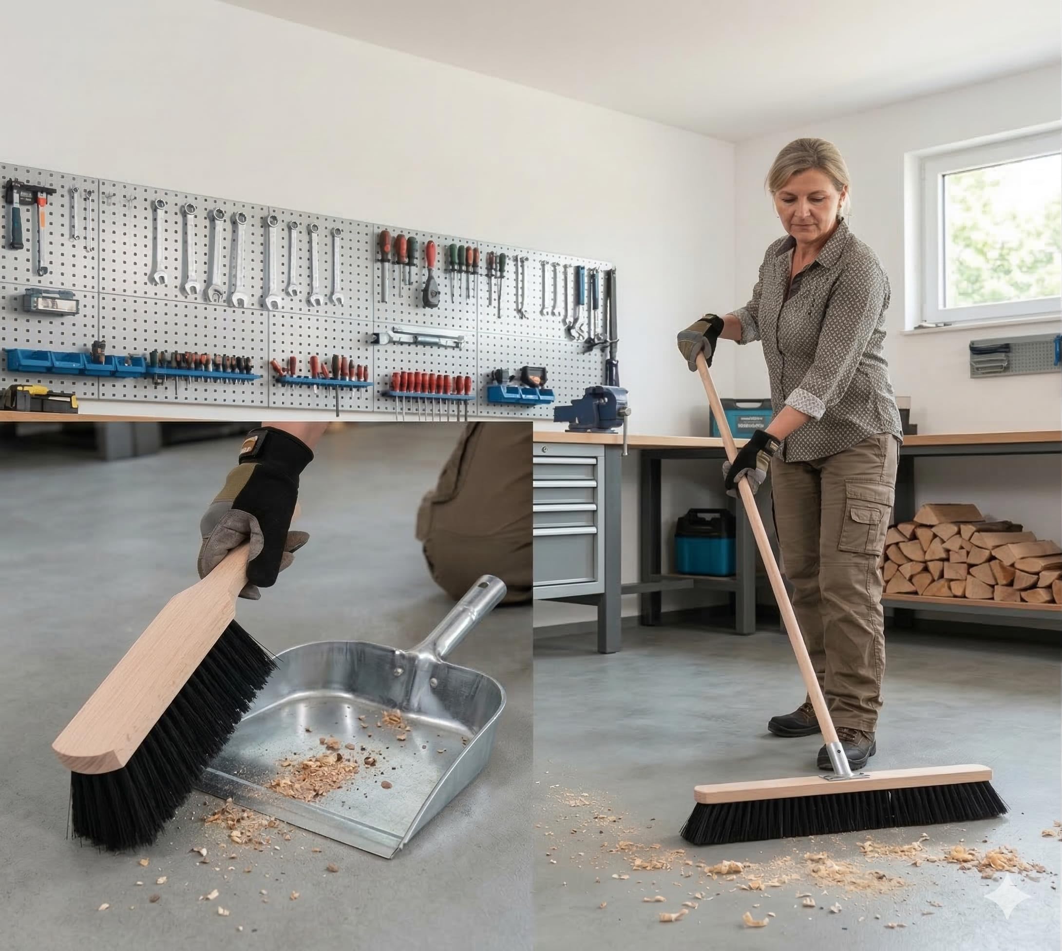 Profesjonalny zestaw miotły przemysłowej wraz z drewnianym trzonkiem 120 cm i ręczną miotłą | miotła do piły 30-100 cm | wytrzymały metalowy uchwyt | antystatyczna szczotka warsztatowa, miotła uliczna