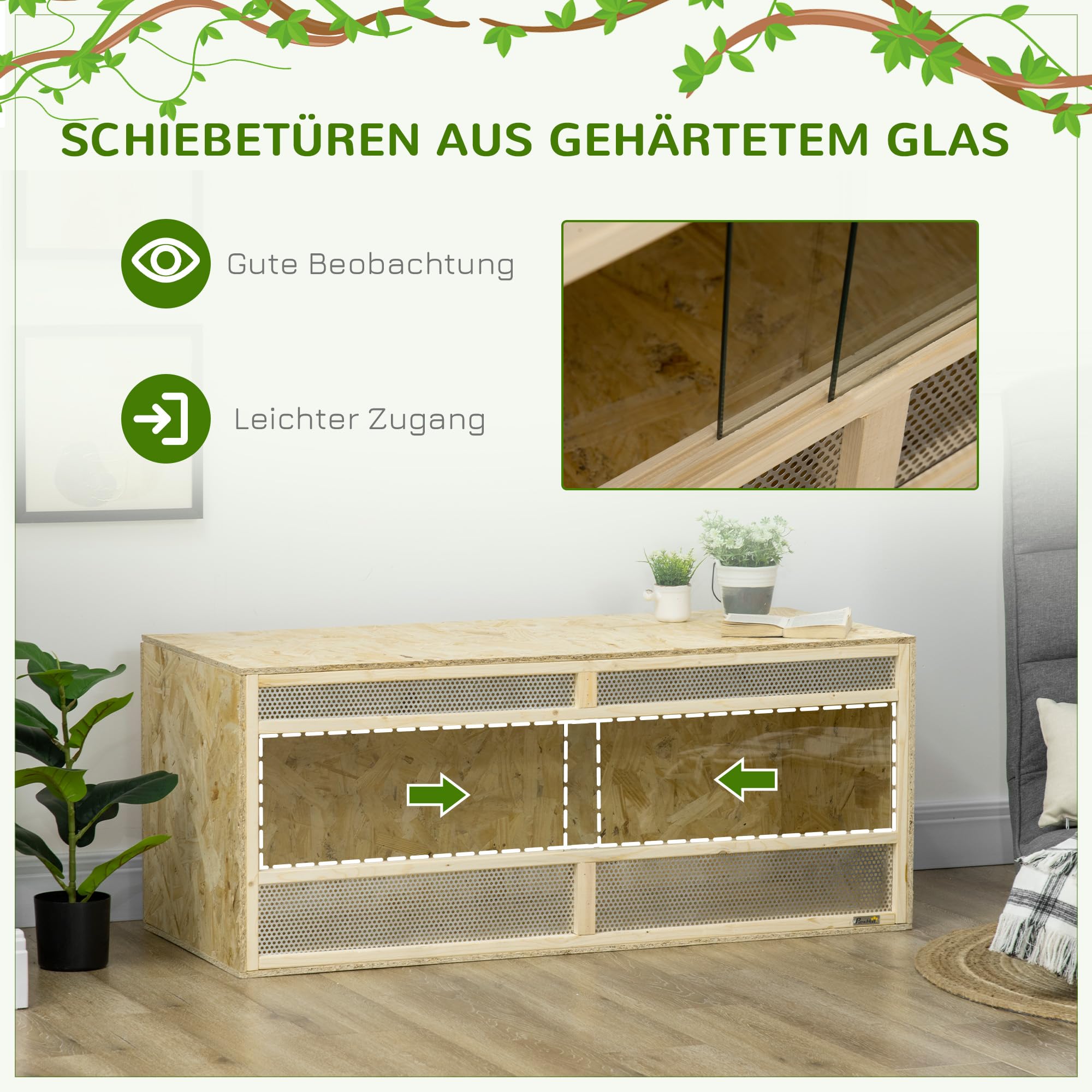 PawHut Terrarium für Reptilien 120 x 50 x 50 cm mit Lüftungsgitter Natur | Glas Terrarium, Fütterungsbox mit Schiebetüren aus Glas, Aufzuchtbox für Amphibien, Spinne