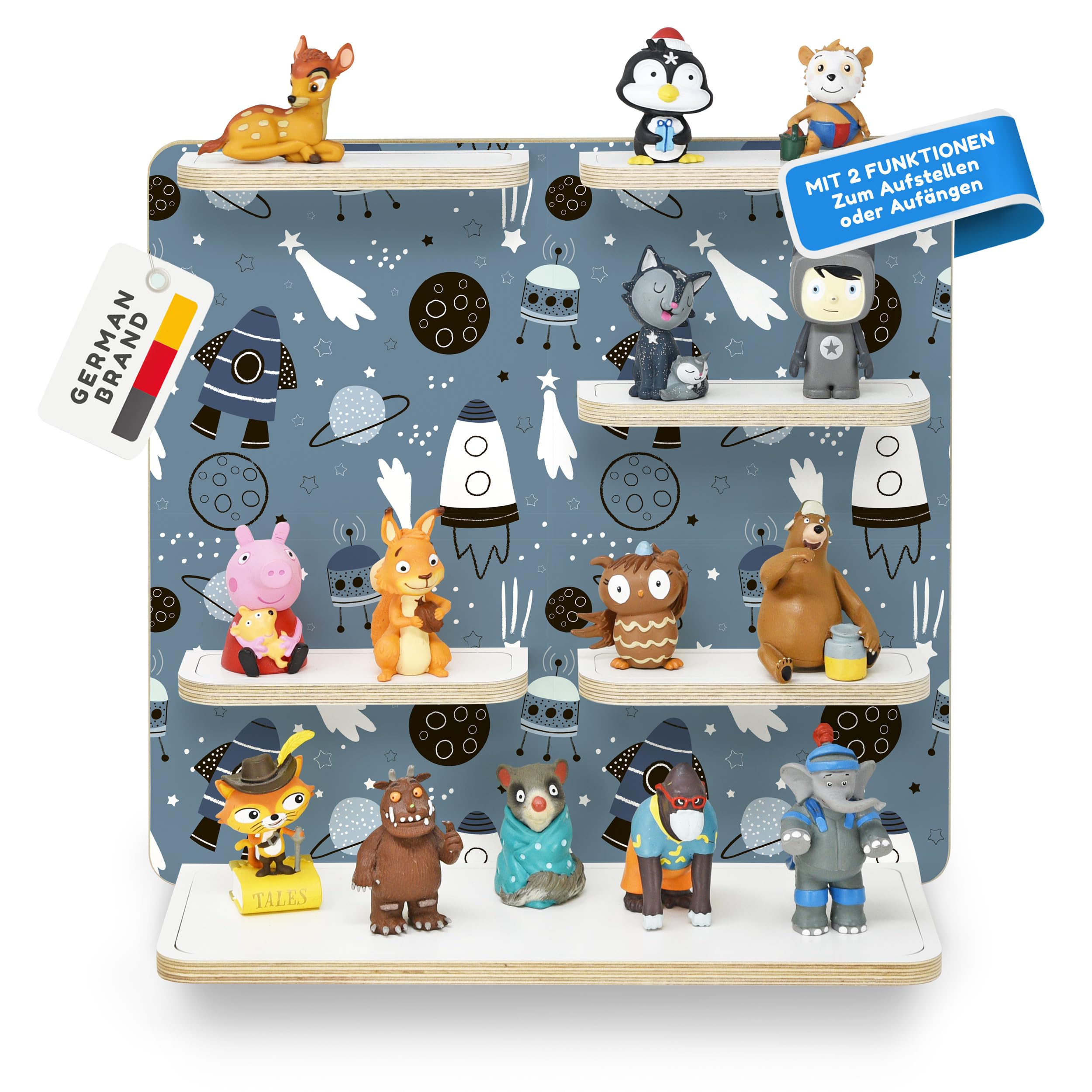 stadtecken Wooden Music Box Shelf - Fits Toniebox & Approx. 40 Tonies | Perfect Storage for Children's Room | Stand Up or Hanging | Expandable (Universe Without Music Box)