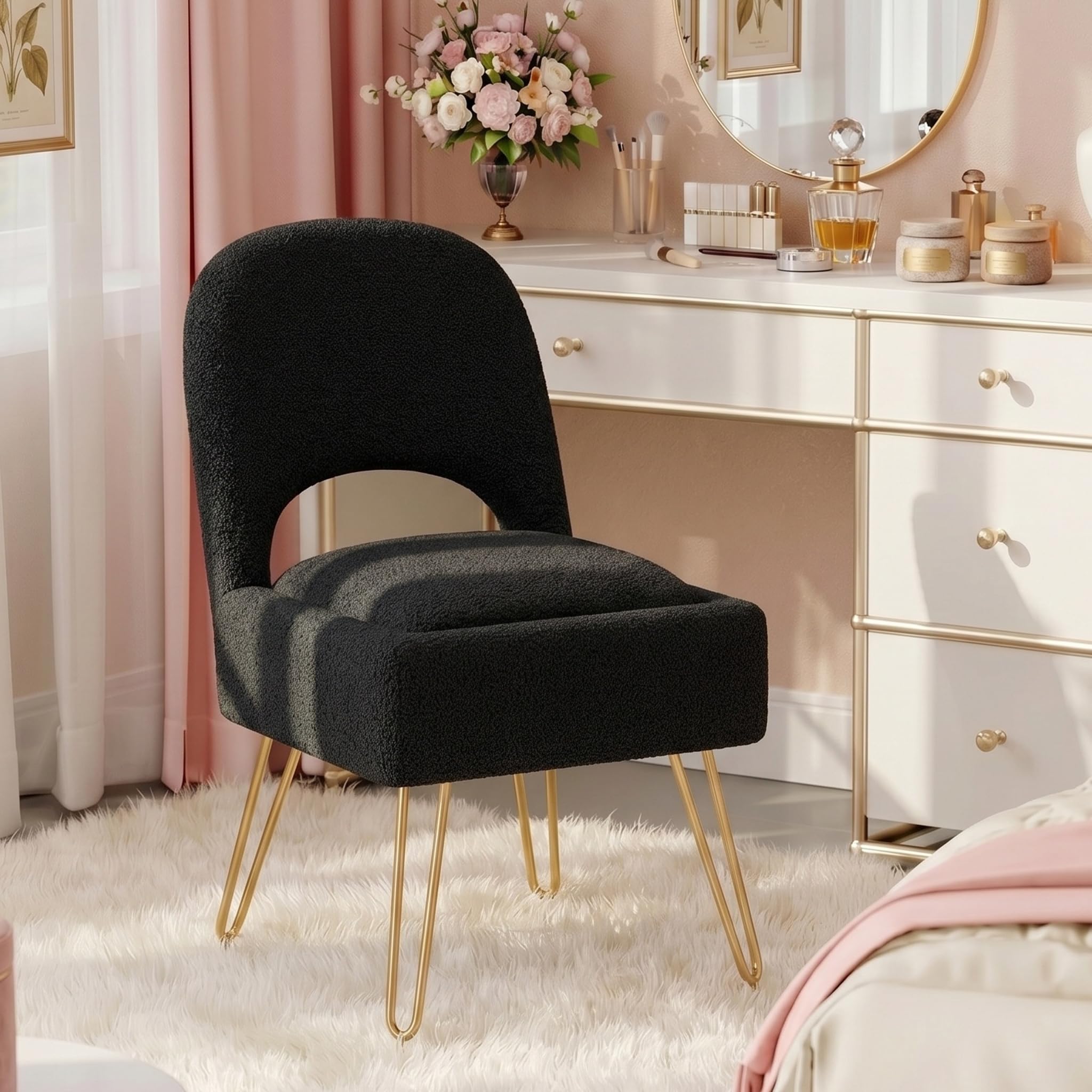 Hellove Vanity Chair with Storage Space & Folding Backrest, Faux fur Comfy Vanity Stool with Gold Legs for Bedroom Dressing Table, Sturdy Square Makeup Chair with Storage for Living Room, Black