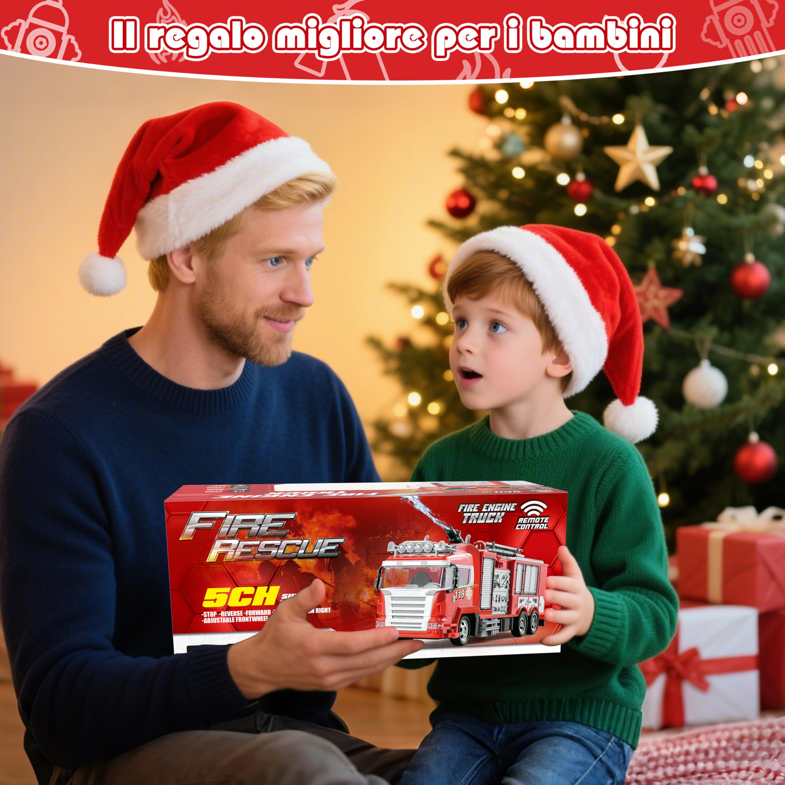 MOMOSTAR Camion Pompieri Giocattolo, 1:18 Camion Pompieri Telecomandato con luci e suoni, Pompiere Giocattoli con Spruzzatrice d'acqua, Giochi Vigili del Fuoco Regalo per Bambini 3 4 5 6 7 8 Anni