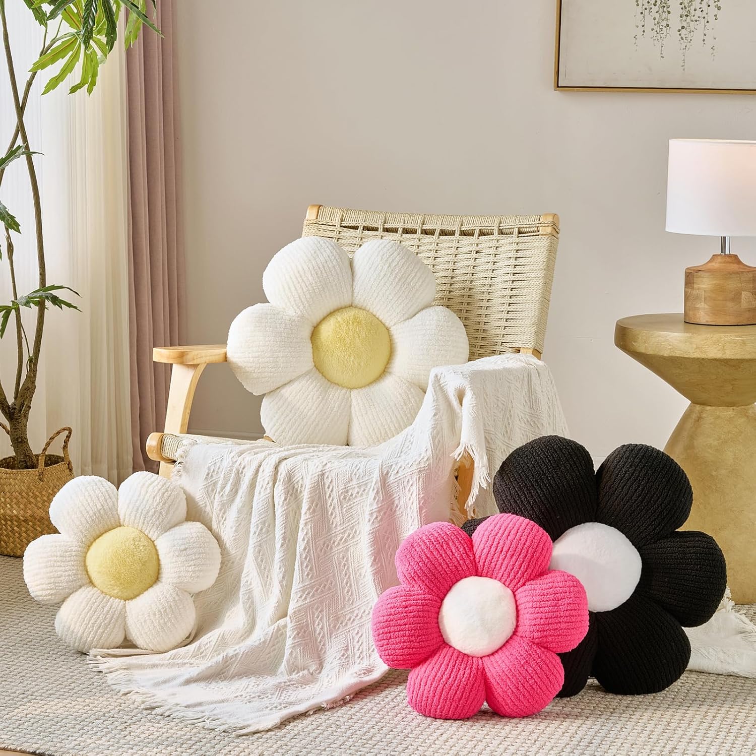 Flower Pillow, Decorative Throw Pillow for Bed Couch, Flower Shaped Pillow Home Decor Daisy Pillows (Hot Pink, 19.6 Inches)