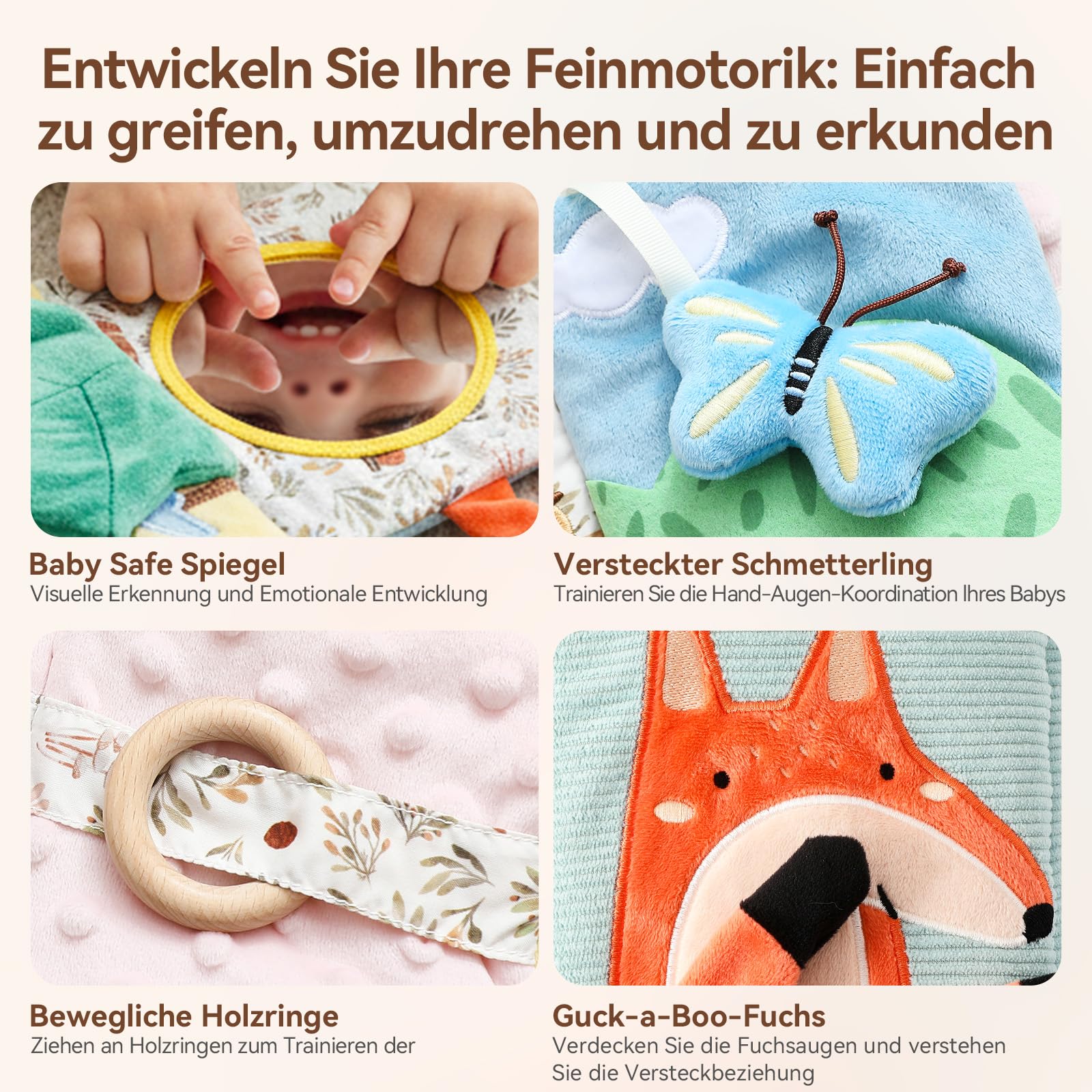 WOODEN TEETHER Livre de bébé en tissu avec miroir, jouet pour bébé de 0 à 6 mois - Livre sensoriel interactif - Livre d'or crépitant pour bébé - Cadeaux pour nouveau-né - Éléphants