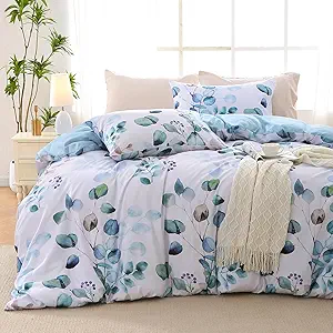 MUXHOMO Duvet Cover Queen Size, Reversible Floral Blue Duvet Cover Set with Zipper Closure, 3 Pieces Botanical Patterns Soft Microfiber Bedding Set with 4 Ties (90"x90", 2 Pillow Cases)