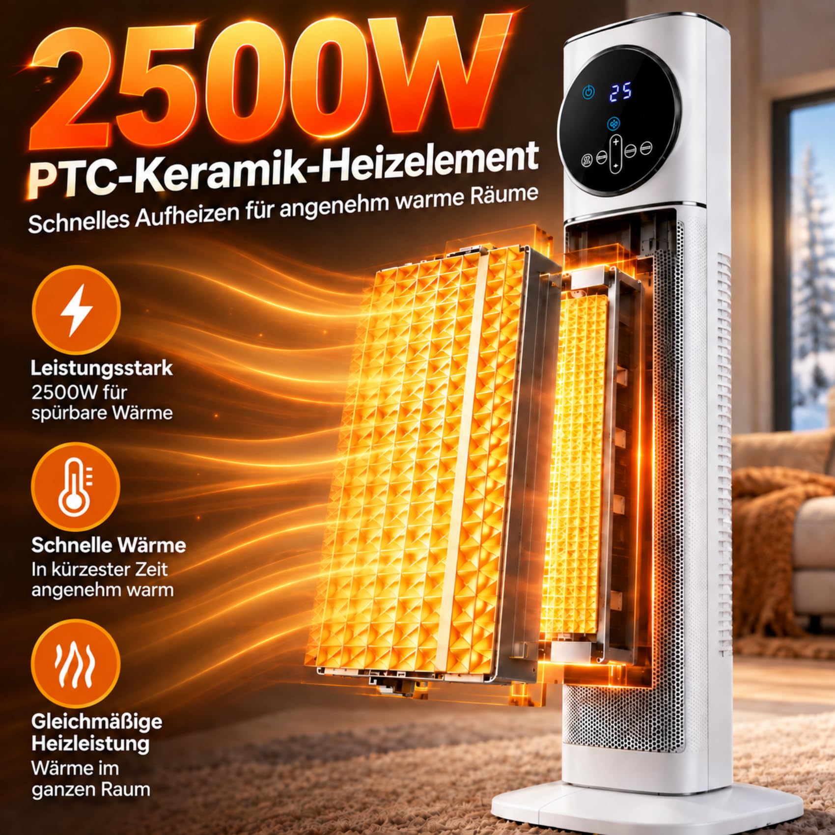 2500W PTC Keramik Heizlüfter Leise mit Fernbedienung & Oszillation