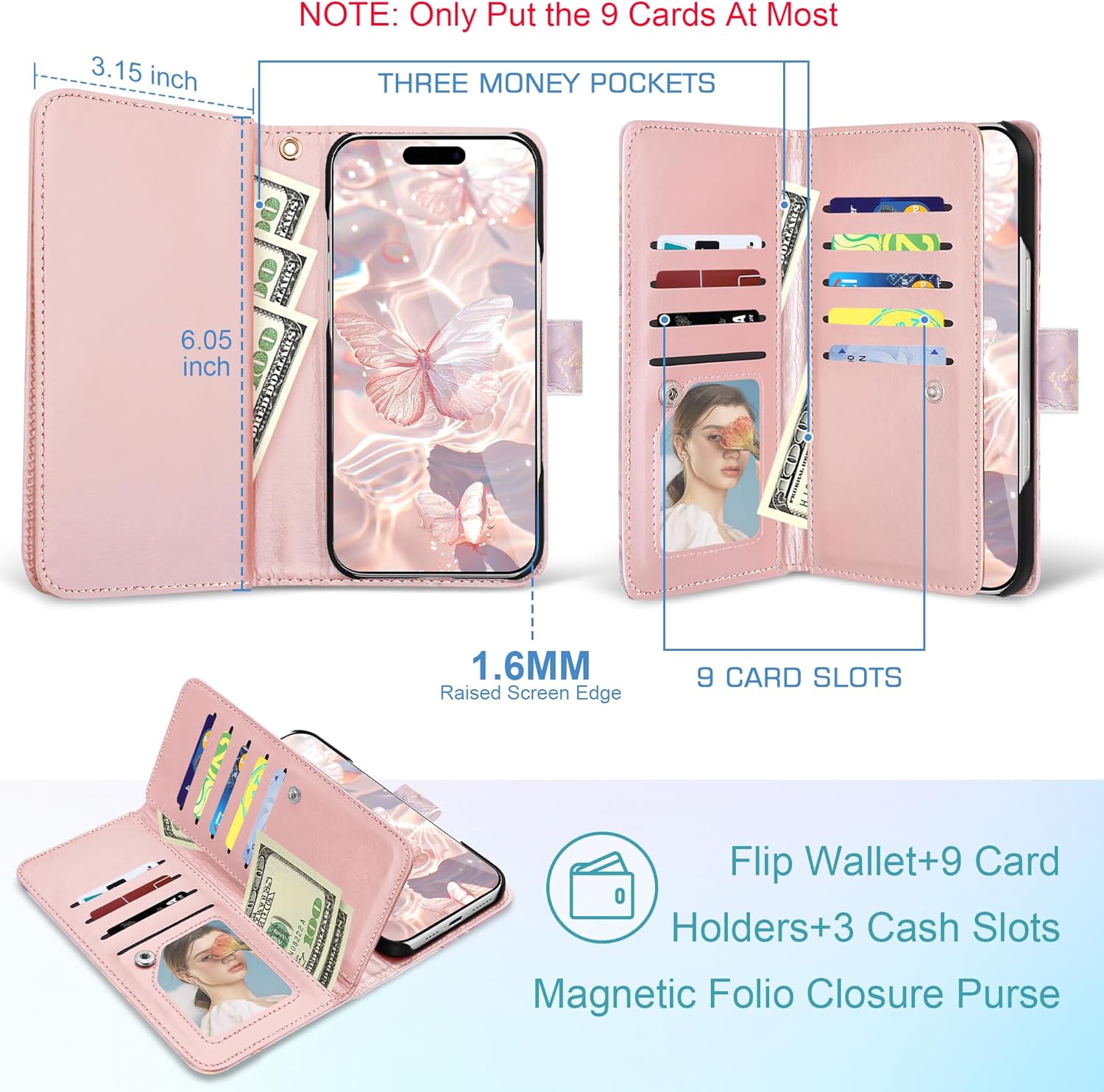 Fingic for iPhone 16 Wallet Case(NOT fit for iPhone 16 Plus/iPhone 16 Pro/iPhone 16 Pro Max)[with 9 Card Holder] Marble Rose Gold PU Leather Detachable Wrist Strap Fullbody Slim Shockproof Case,2024 - Image 4