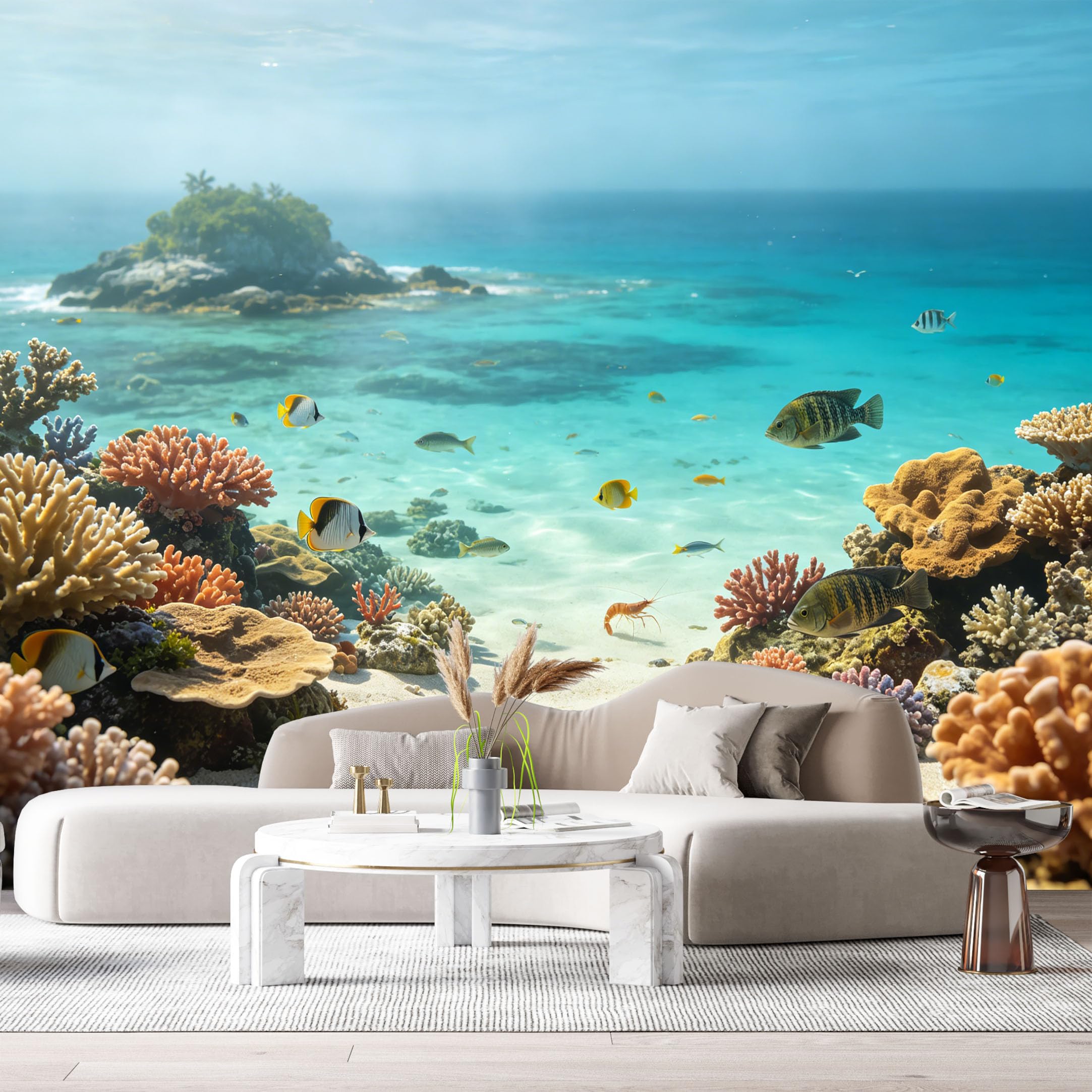 Custom Size Wall Murals Tropical Ocean Marine Coral Reef Exotic Fish Underwater Scenery SelfAdhesiveWall Fabric Removable Wallpaper Wall Decor for Living Room Bedroom Bathroom