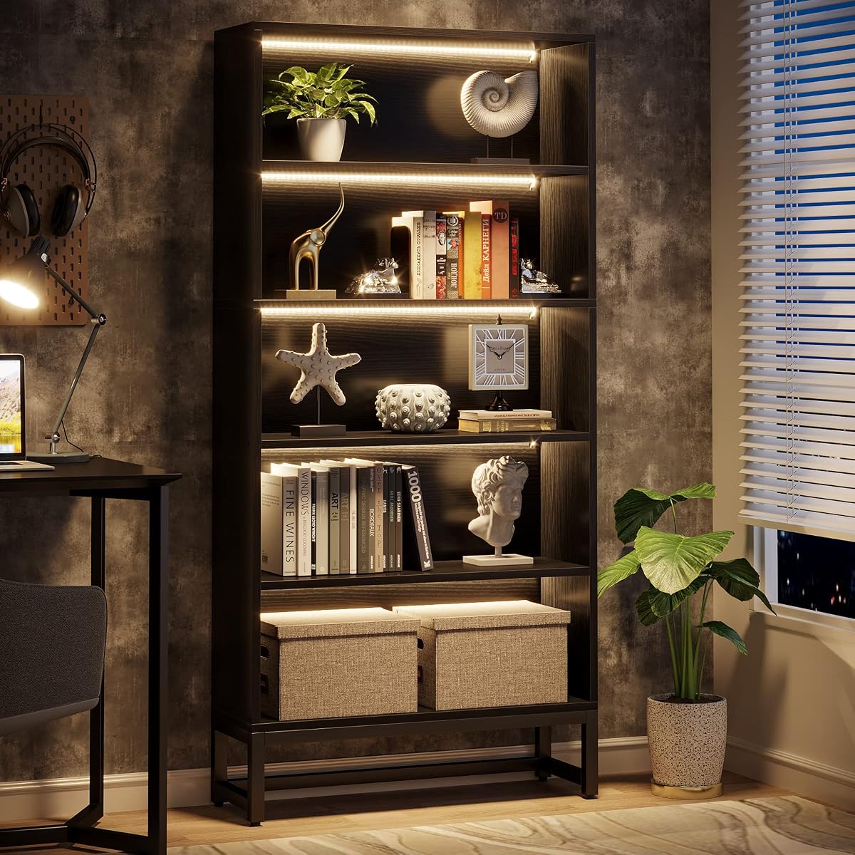 Tribesigns Librería alta, estantería negra, organizador grande de 70,8 pulgadas con luces LED, estantería de biblioteca independiente resistente con estantes de almacenamiento de 5 niveles para sala de estar, dormitorio (negro)