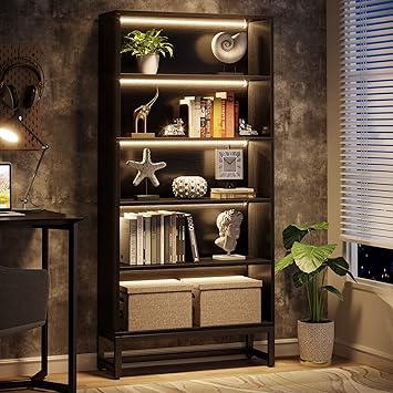 Tribesigns Tall Bookcase Black Bookshelf, 70.8 Large Bookcases Organizer with LED Lights, Heavy Duty Free-Standing Library Bookshelf with 5-Tier Storage Shelves for Living Room, Bedroom Black