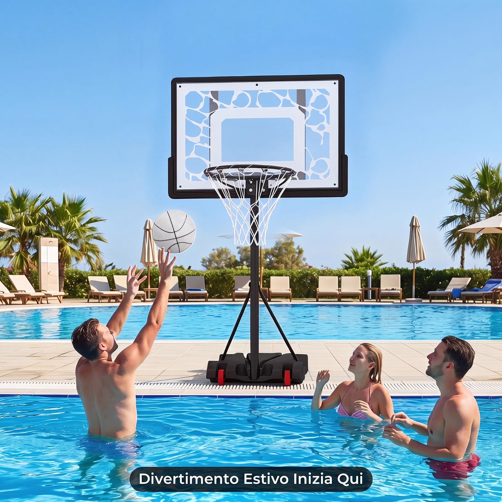 COSTWAY Canestro da Basket da Esterno, Canestro Pallacanestro da Piscina con Luci LED, Altezza Regolabile 115-144 cm, Palla, Ruote, Base Riempibile e Tabellone Infrangibile