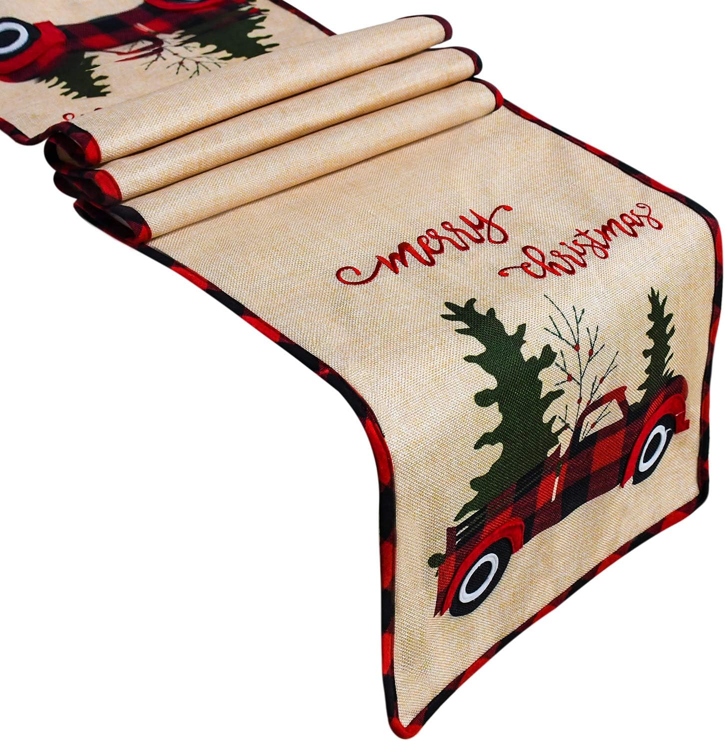 Senneny Burlap Christmas Table Runner, Embroidered Merry Christmas, Red Truck Tree