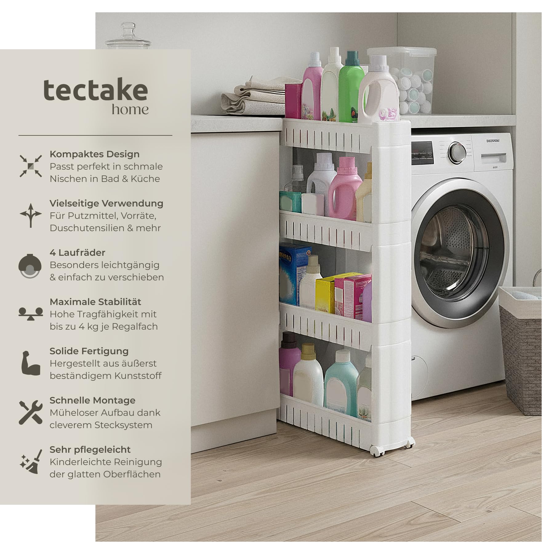 tectake® Nischenregal, Regal schmal 54 x 12 x 101 cm, Nischenschrank mit Rollen, Nischenwagen mit 4 Ebenen, Regal Küche, Küchenwagen, Badezimmerschrank, Beistellschrank, Badmöbel, Badschrank schmal