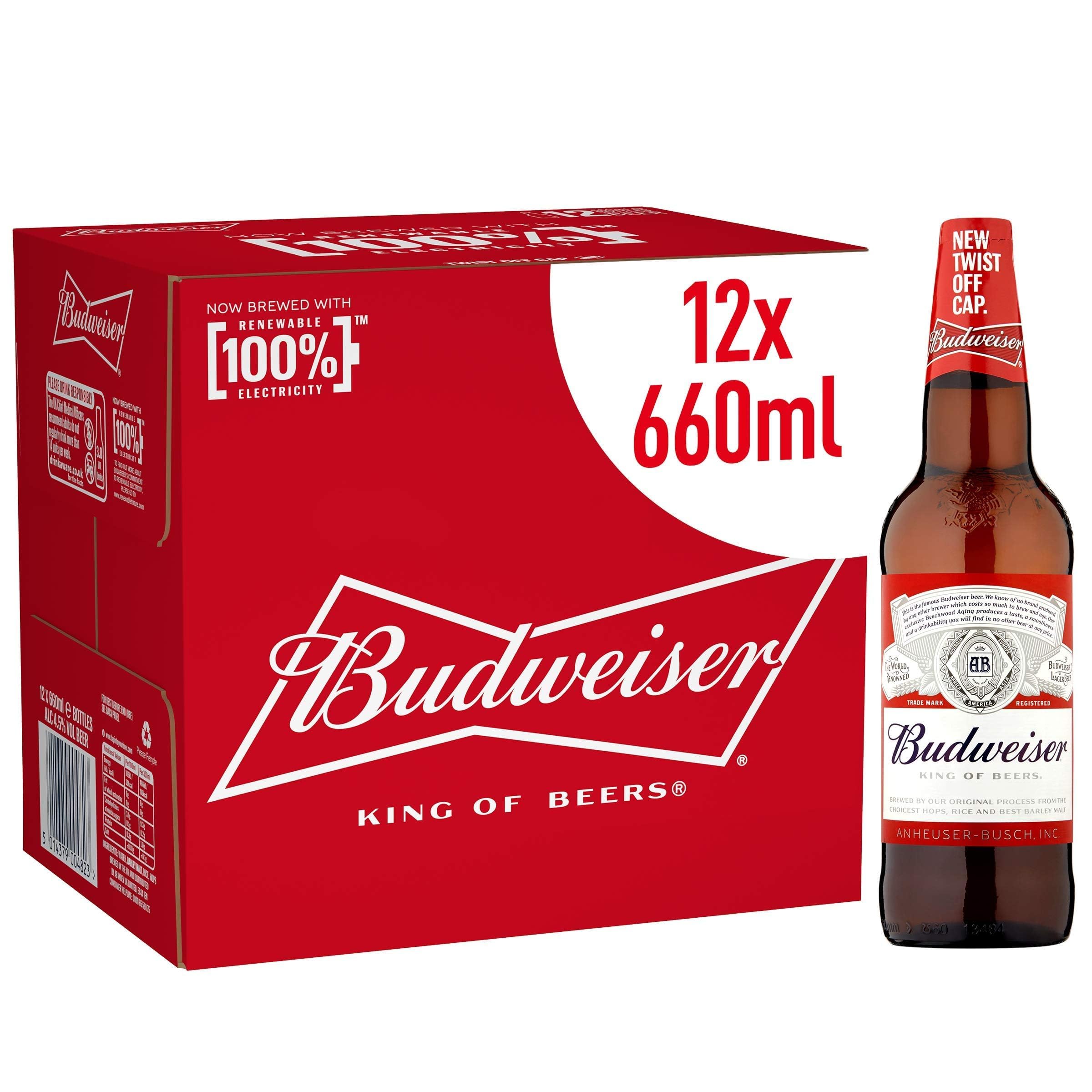 Budweiser Lager Beer Large Sharing Bottle, 23, 12 Pack 660 ml Bottles