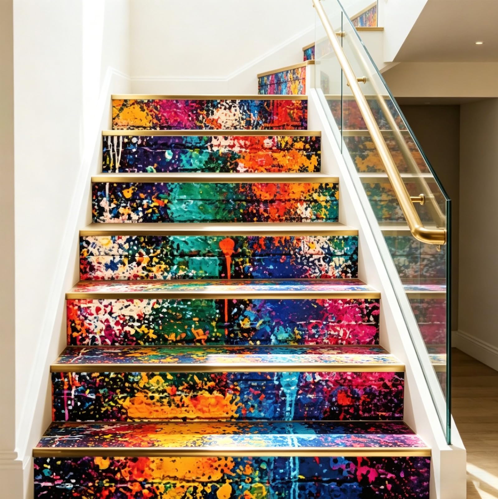 PLIGREAT 15 Sheets Stair Riser Decals, Graffiti Peel and Stick Staircase Stickers 100x18cm Self-Adhesive Vinyl Staircase Decal for Steps DIY Home Hotel Stair Makeover Decor, Splashes of Colored Paint