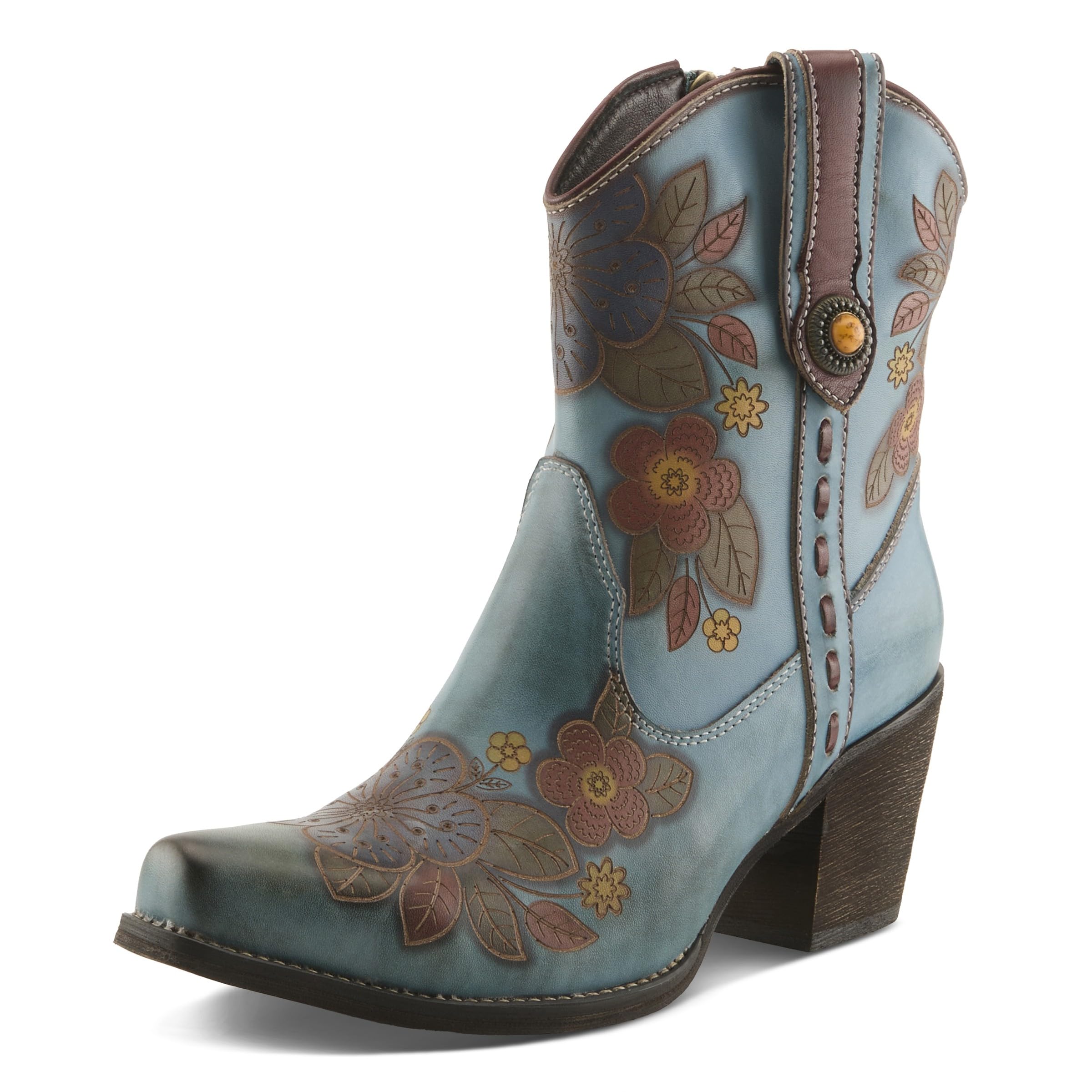 Spring Step LArtiste Cahoots Western Booties Hand-Painted Floral Embossed Leather Ankle Boots