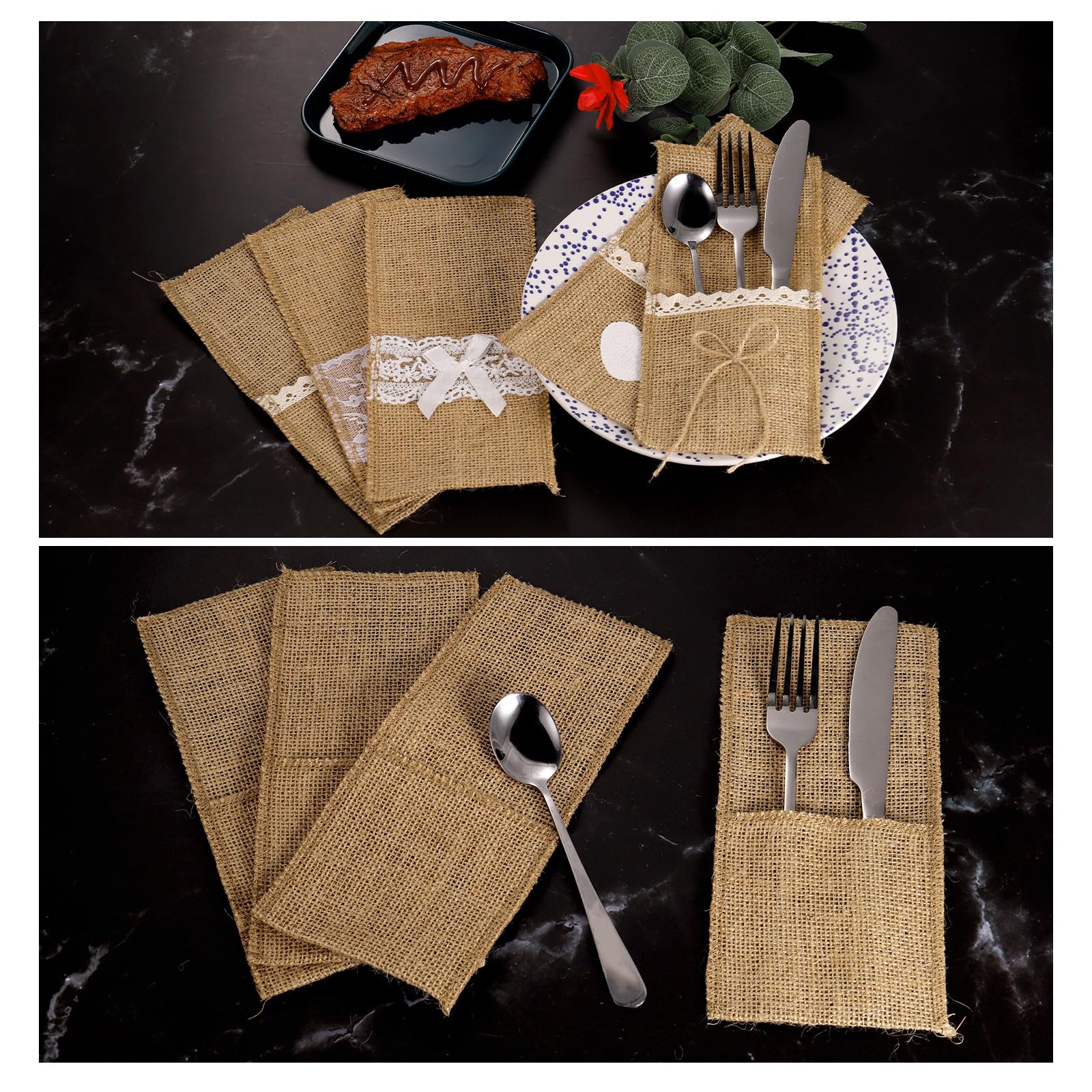 QUARKZMAN 24pz Portaposate in Iuta, 21cm x 10cm Pochette Portaposate Portaposate in Argenteria Sacchetto di Iuta Naturale per Decorazioni Feste Matrimonio